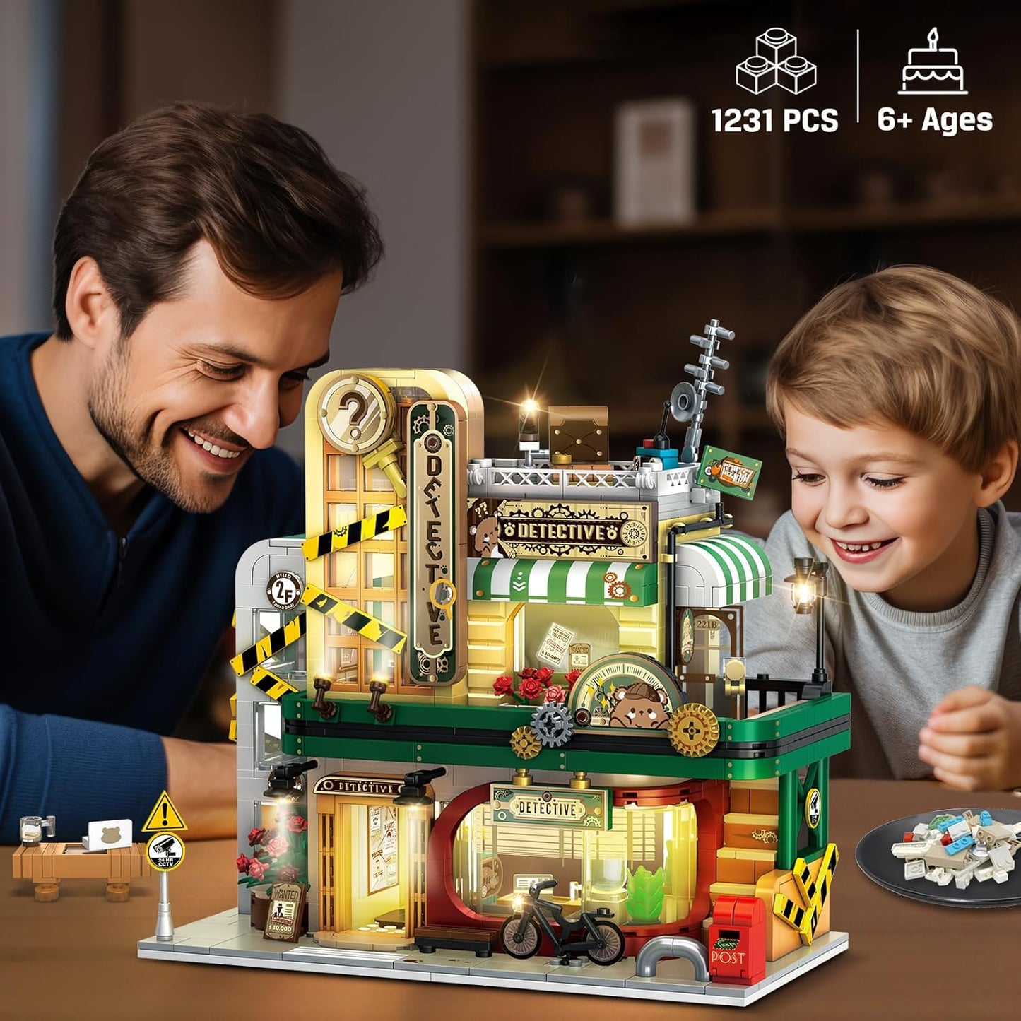 INSOON Stadt Detektiv Haus Bauspielzeug mit LED Licht, 1231 Stück Detektivbüro Bausteine mit Clue, Architektur Konstruktion Baukasten Modell für Erwachsene Jugendliche Kinder Jungen Mädchen 6-12+