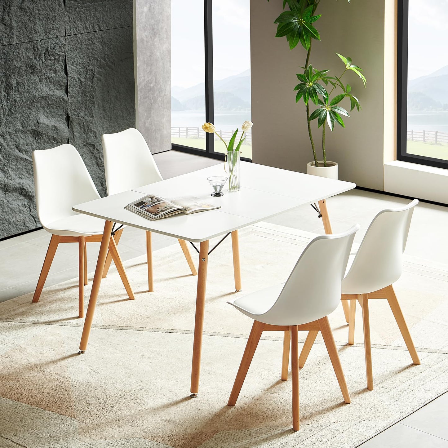 H.J WeDoo Esszimmergruppe mit 4 Essstühlen, Rechteckig Esstisch und Stühle für Esszimmer, Küche, Wohnzimmer, Weißer Esstisch und Graue Stühle
