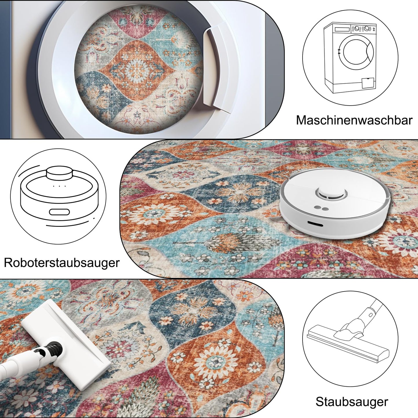 Xfrog Blumen Boho Teppich - Rutschfester Waschbarer Ultraweicher Antiker Niedriger Flor Flächenteppich für Wohnzimmer, Schlafzimmer, Kinderzimmer - 80 x 150 cm