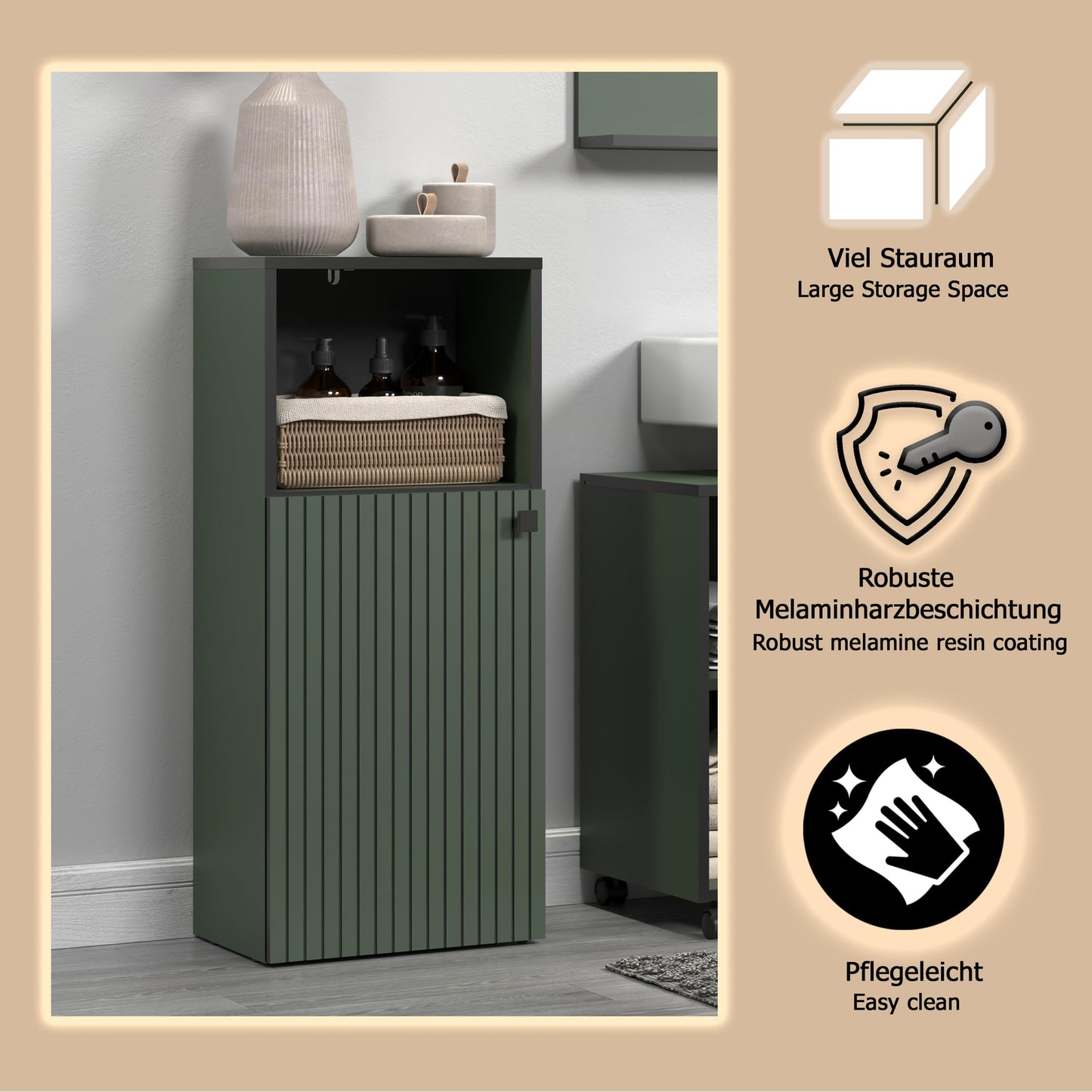 trendteam smart living - PureBliss - Hochschrank - Eiche - Badezimmerschrank in moderner Rillenoptik - edle Metallgriffe - (BxHxT) 40 x 186 x 31 cm - 2 praktische Einlegeböden - kratzfest