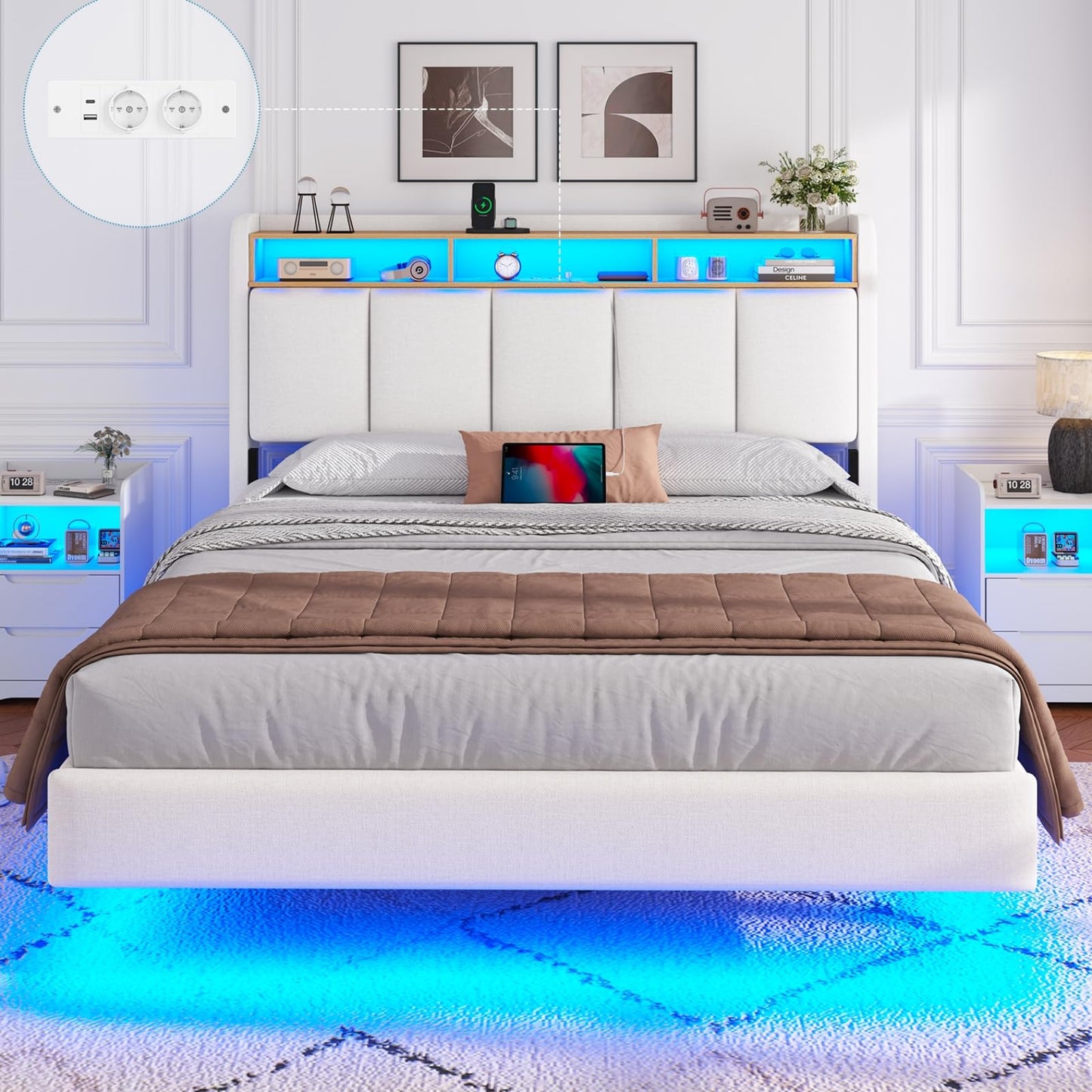 Brinlawb Upholstered Bed 140 x 200 cm Floating Bed with LED Lighting, Headboard and Charging Station (2 AC Sockets, 2 USB Ports), Bed 140 x 200 cm with Storage Space, Modern Double Bed with Slatted
