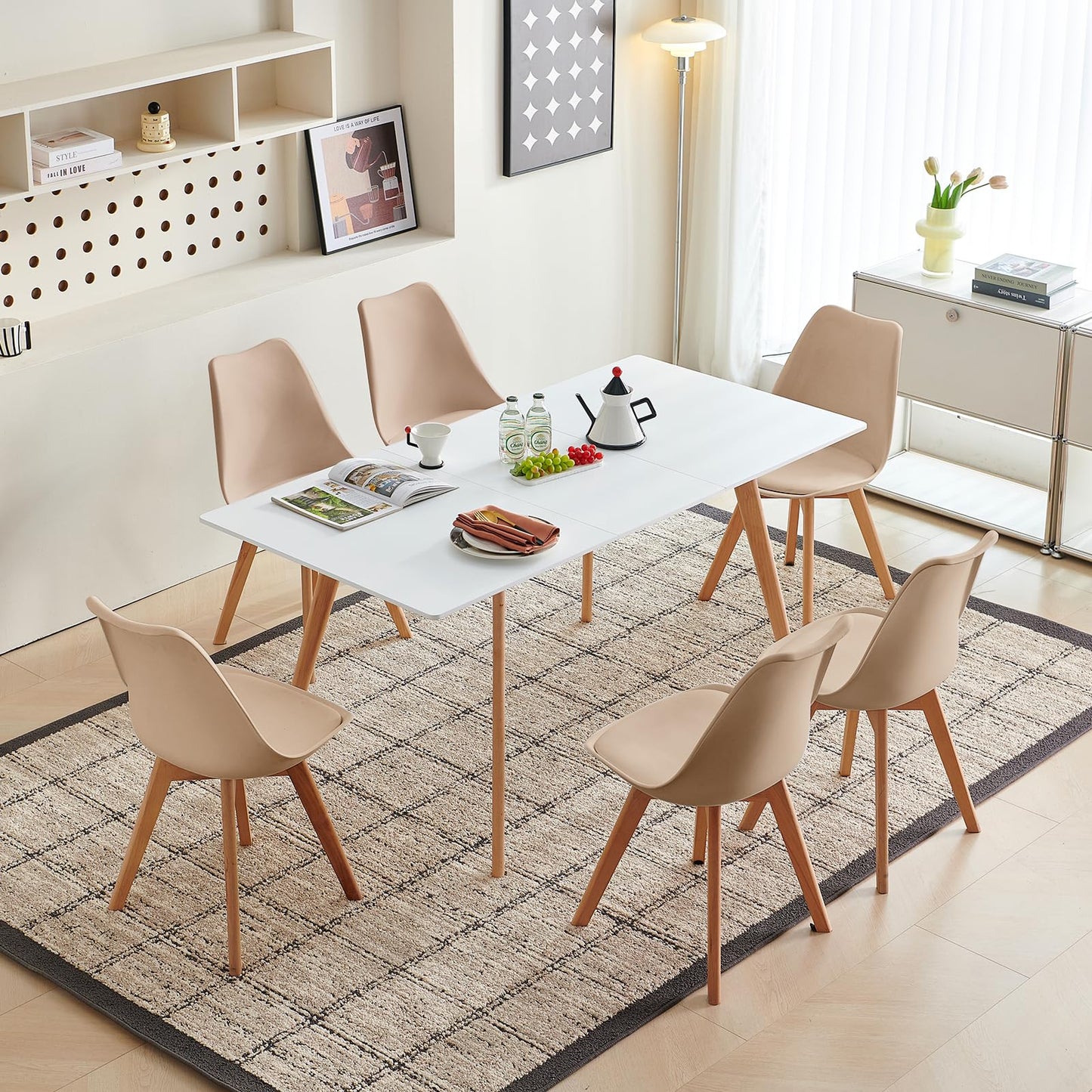 H.J WeDoo Esszimmergruppe mit 4 Essstühlen, Rechteckig Esstisch und Stühle für Esszimmer, Küche, Wohnzimmer, Weißer Esstisch und Graue Stühle