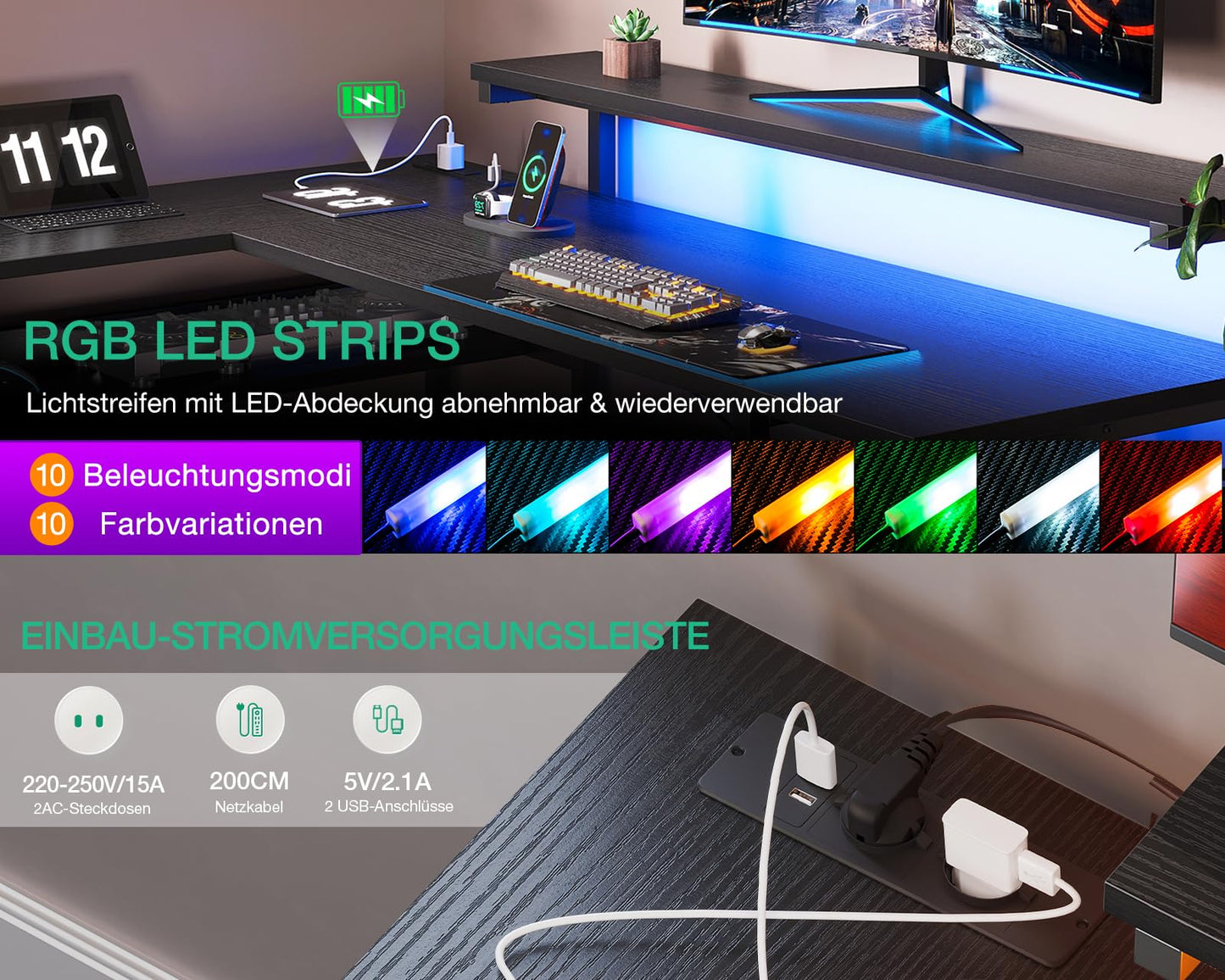 ODK Schreibtisch mit Schubladen, Reversible Eckschreibtisch mit 2 Steckdosen und 2 USB Ladeanschluss, Bürotisch L Form mit LED für Home Office 135×110cm (Graueiche)