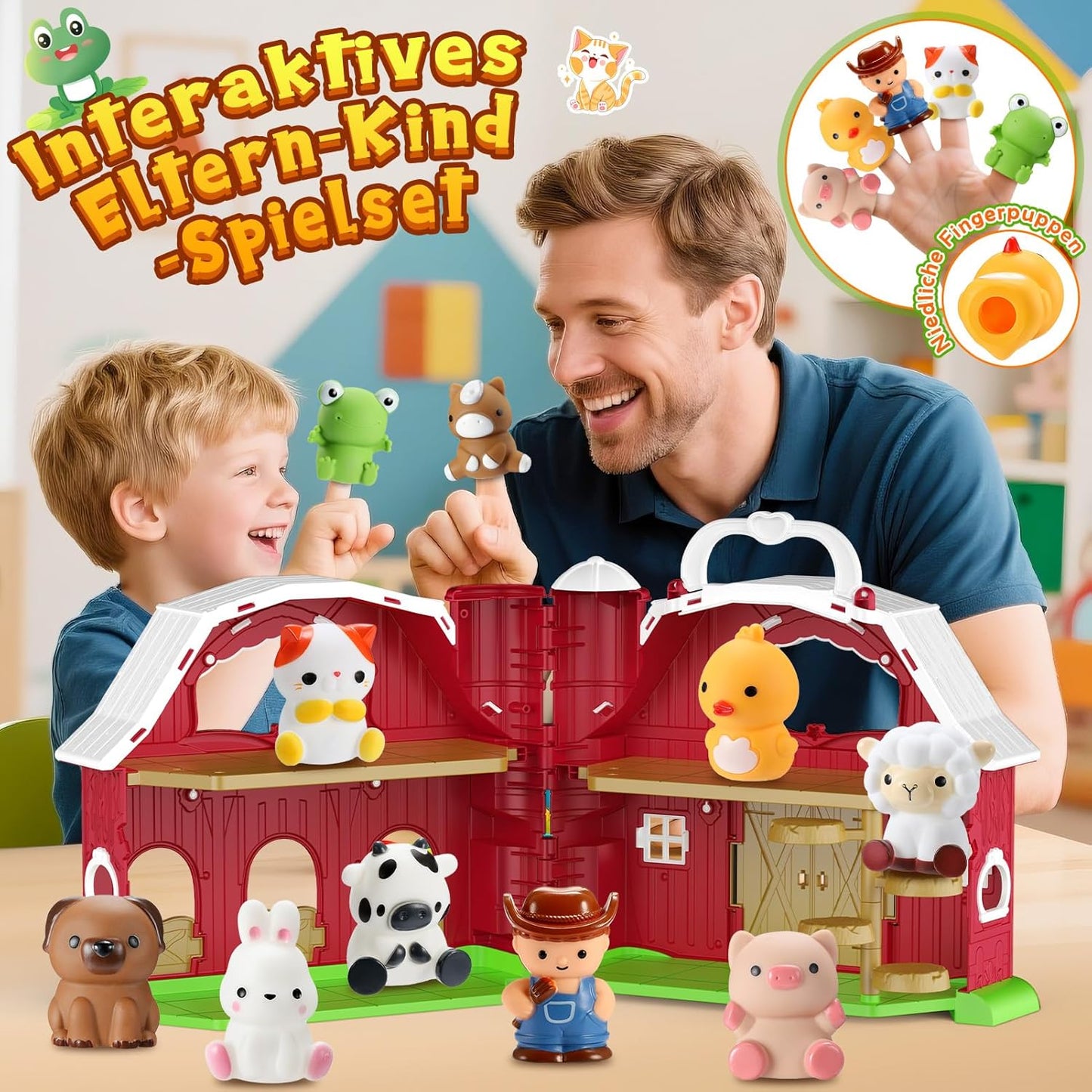 HappyKidsClub Montessori Bauernhof Spielzeug ab 1-4 Jahre, Aufklappbare Scheune Spielhaus für Kleinkinder mit 9 Tieren & Bauer - Pädagogisches Geschenk für Kinder - Baby Lernspielzeug Set