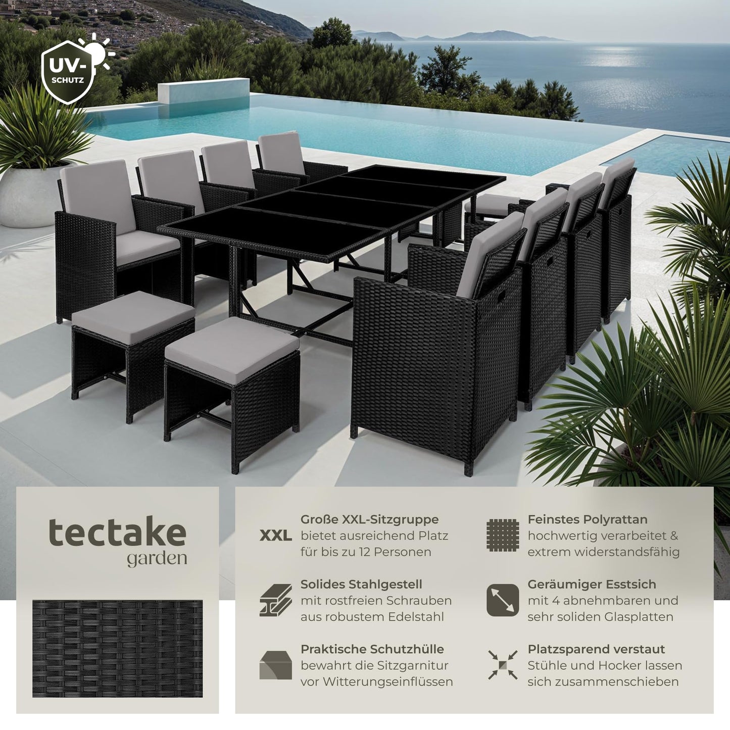 tectake Gartenlounge Set, Polyrattan Gartenmöbel Set, 8+4+1 Sitzgruppe, 8 Stühle 4 Hocker 1 Tisch, Balkon Möbel als Würfel verstaubar, für Garten, Balkon, Terrasse - grau/hellgrau