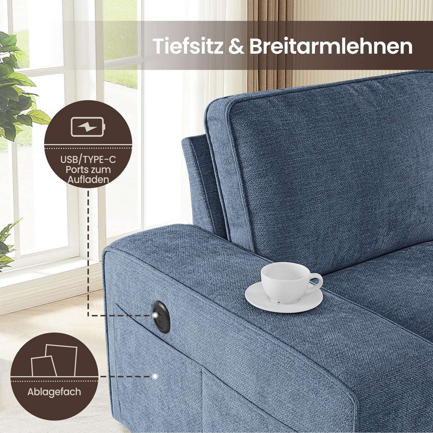 DUANDUAN 250CM Convertible Sektionssofa Couch mit Chaise Lagerung, Moderne L-förmige Reversible Design, Bequeme Chenille Stoff, abnehmbare Kissenbezüge USB Typ-C Ports Wohnzimmer(Beige)