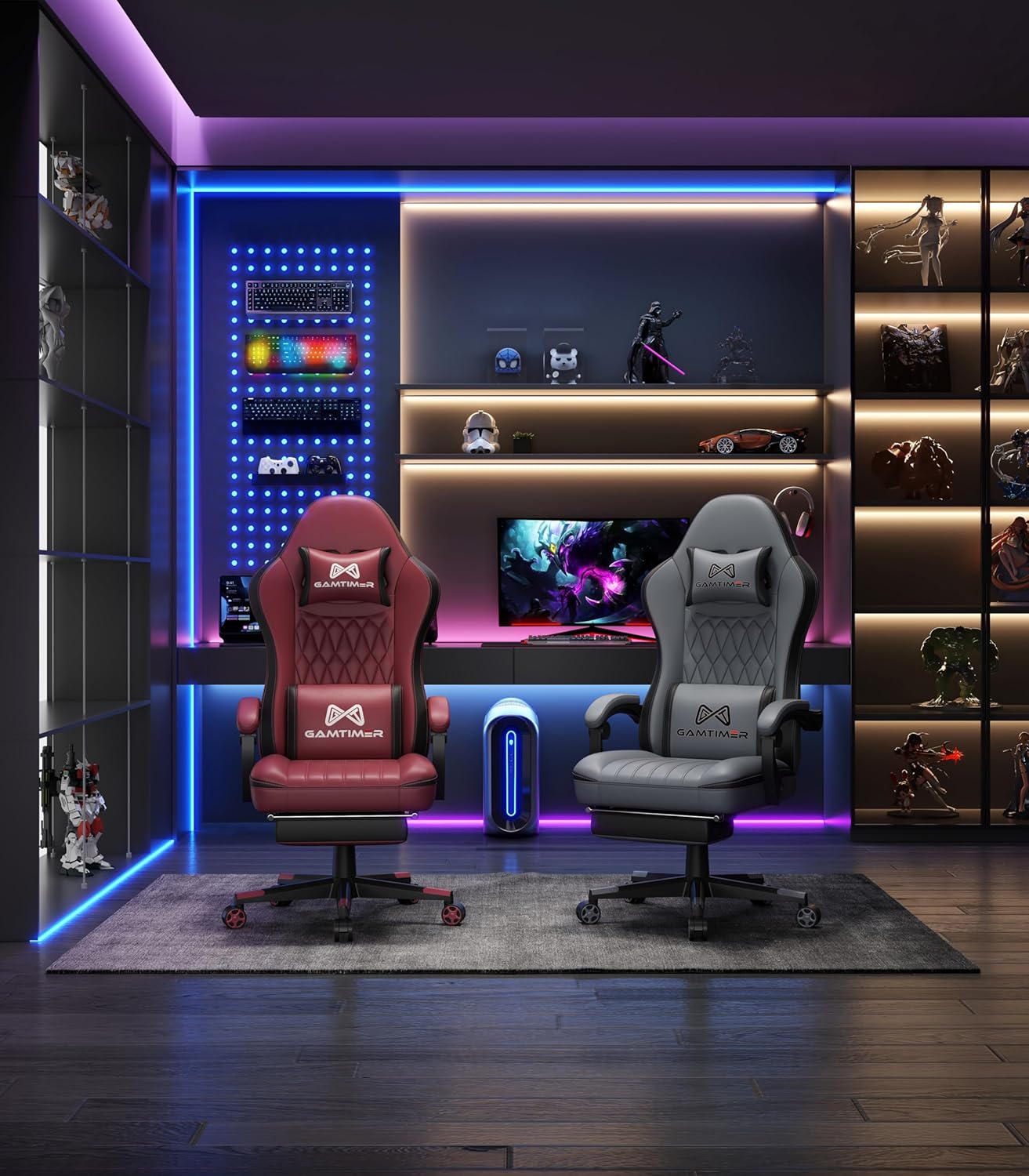 Gaming Chair, Ergonomic Office Chair, PC Chair, Gaming Chair, Lumbar Cushion and Footrest, PU Leather Gamer Chair, Adjustable Backrest from 90-155°, Height Adjustable 360° Swivel Chair (Pink)