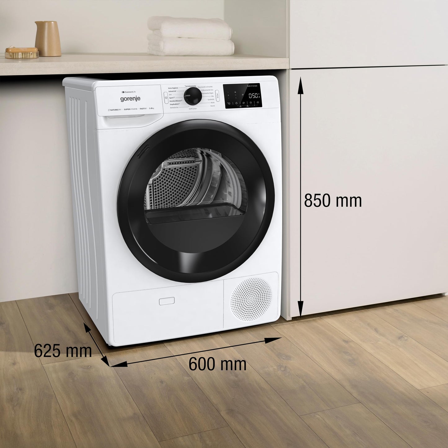 Gorenje DPNE82/GN Trockner/Kondensation mit Wärmepumpe / 8kg / 16 Programme/WIFI/Made in Europe/WaveActive Trommel/TwinAir/Feuchtesensor/Naturedry/LED Display/EEK: A++