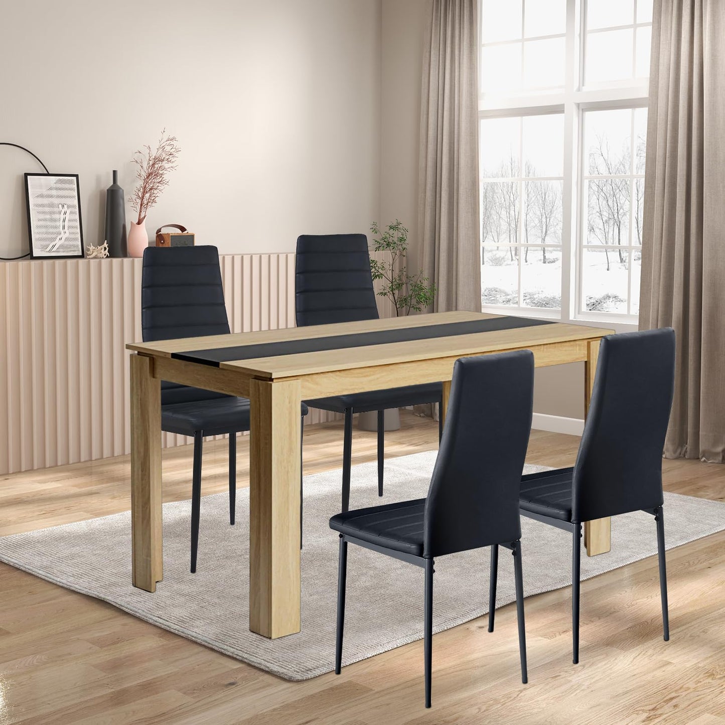 FURNITABLE Esstisch mit 6 Stühlen Esszimmergruppe, Essgruppe mit Hochlehner Kunstleder Stuhl für 6 Personen, Sitzgruppe für Küche Wohnzimmer(160cm Eiche-Weiß Tischbein Tisch+6 Schwarz Stühle)