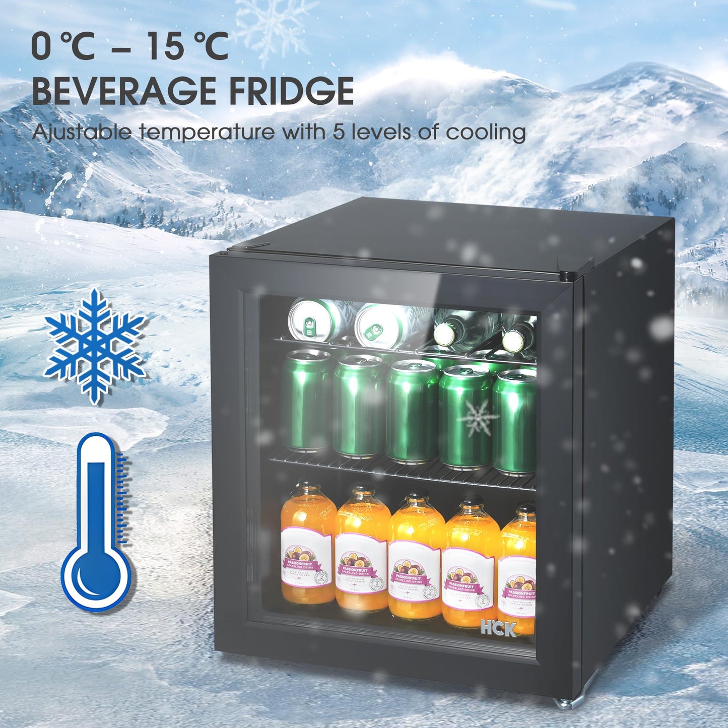 HCK 98L Getränkekühlschrank mit Cyberpunk RGB Beleuchtung, Minibar kleine Kühlschrank mit Glastür, lautlos 39dB, 0-15°C, Bierkühlschrank für Spielzimmer, Küche, Schwarz