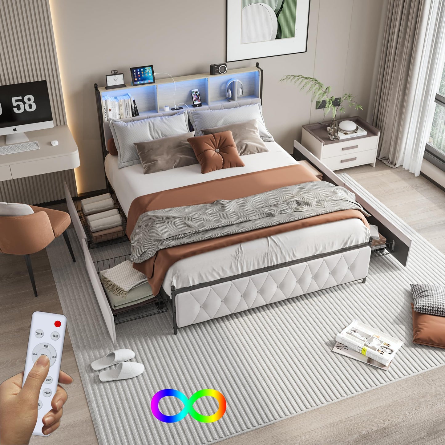 WOBOPCG Upholstered Double Bed 140 x 200, Hydraulic Storage Bed with Slatted Bases, Double Bed with Storage Space, Functional Bed with Storage Space (Grey + Flannel, 140 x 200)