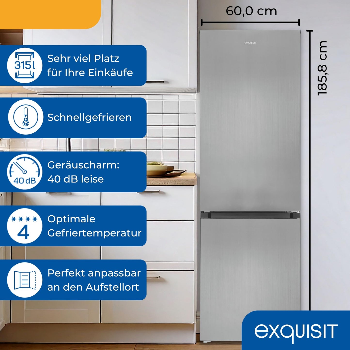 Exquisit Kühl-Gefrierkombination, 186 cm Höhe, Kühlschrank mit Gefrierfach, 4-Sterne-Gefrieren, 315 Liter, Alarm-Funktion, KGC5320-95-E-040C inoxlook-az
