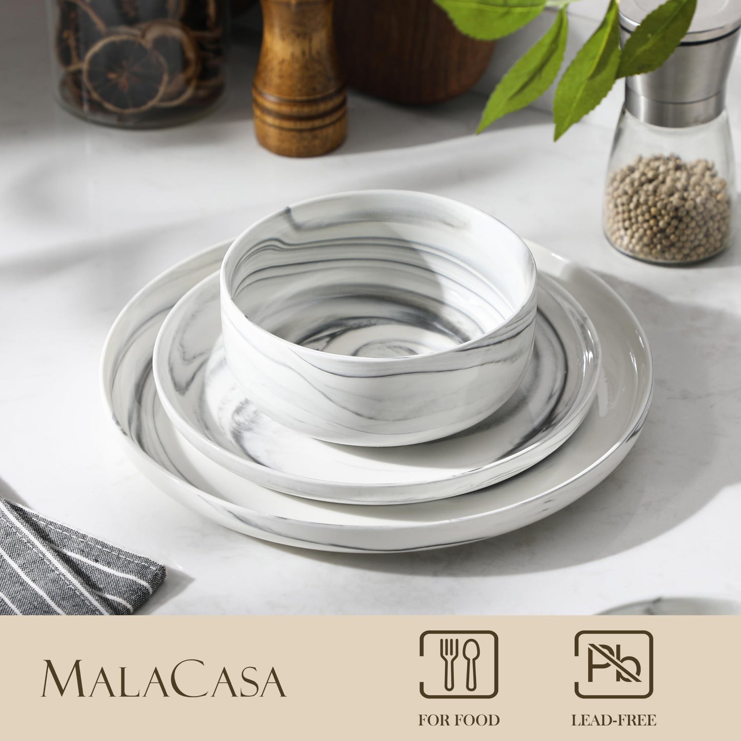 MALACASA Geschirrset 6 Personen, LUNA 24-tlg Tafelservice aus Weißem Porzellan, Modernes Geschirr Set mit je 6 Speiseteller, Dessertteller, Suppenteller und Müslischalen