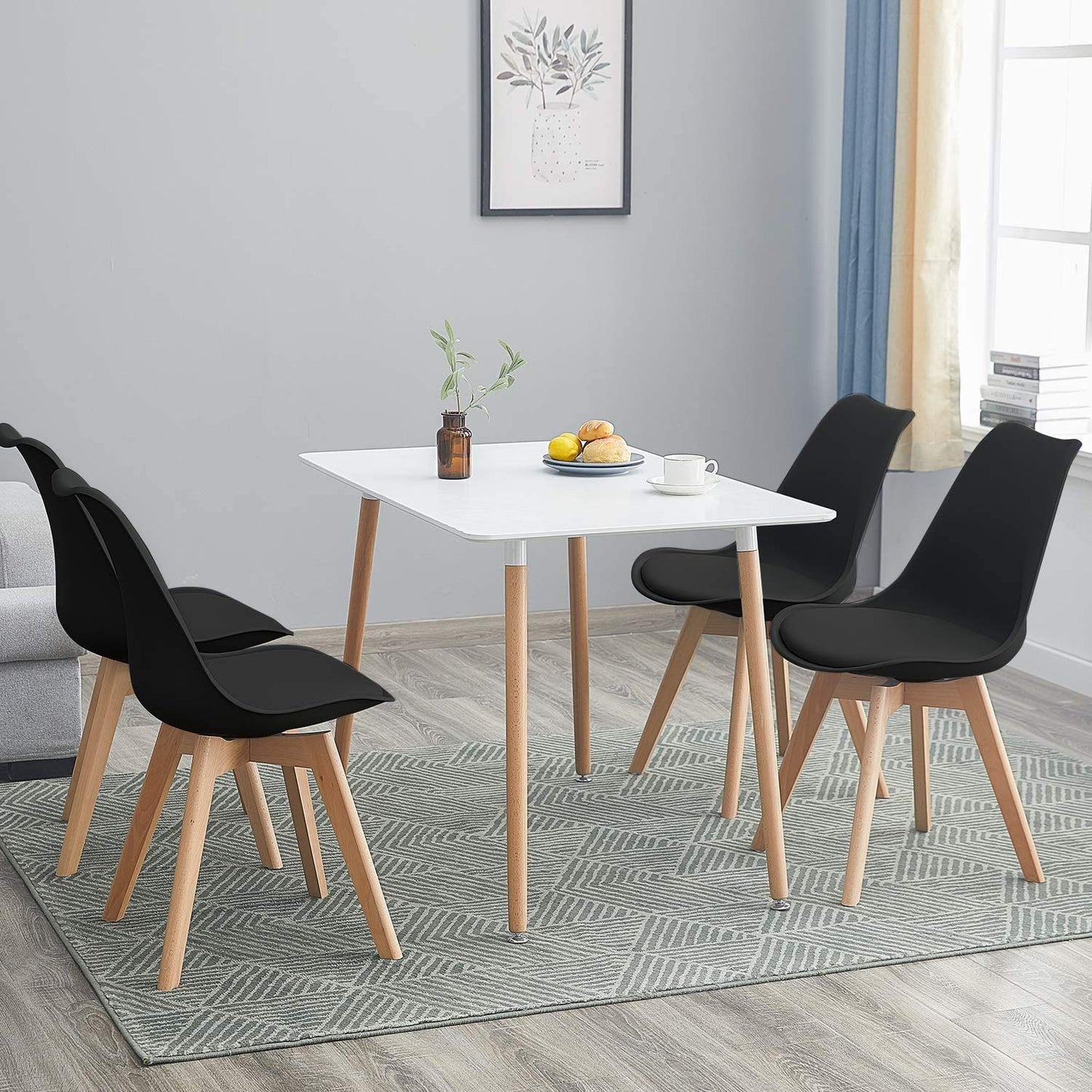 H.J WeDoo Esszimmergruppe mit 4 Essstühlen, Rechteckig Esstisch und Stühle für Esszimmer, Küche, Wohnzimmer, Weißer Esstisch und Graue Stühle