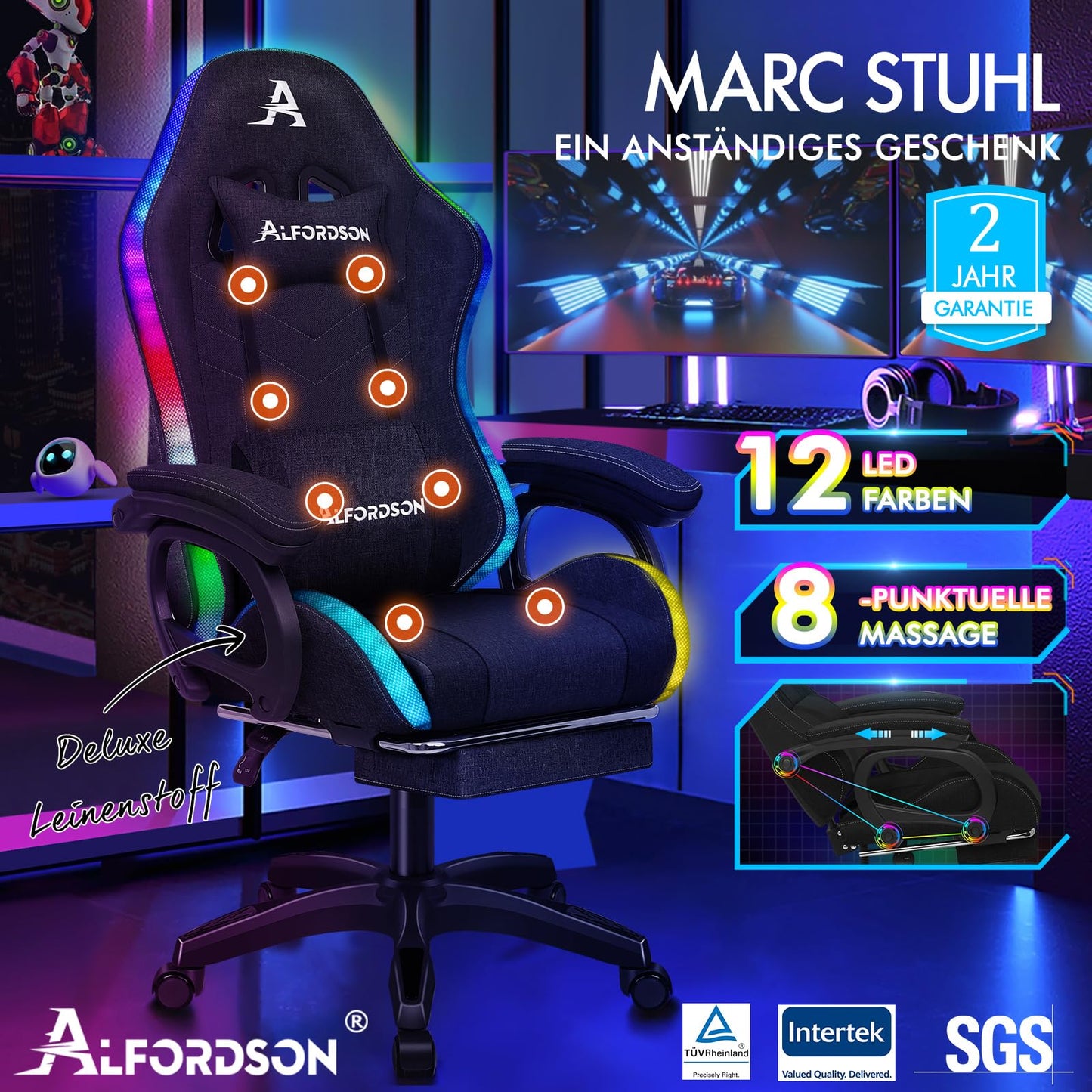 ALFORDSON Gaming Stuhl mit 8-Punkt Massage 12 Farben RGB LED-Licht, Bürostuhl Ergonomisch mit fußstützen, Kopfstütze Lendenkissen für Kinder Erwachsene, Schwarz