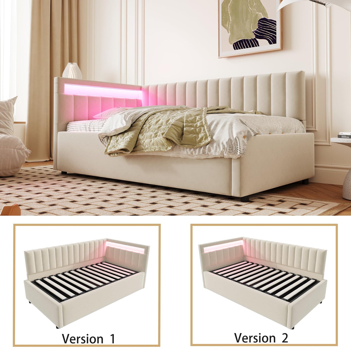 KEYIDE Upholstered Sofa Bed, 140 x 200 cm with LED Lighting and USB Charging, Bed Frame with Wooden Slatted Frame, Day Bed, Guest Bed, Youth Bed, Velvet Fabric, Without Mattress (Grey, 140 x 200)