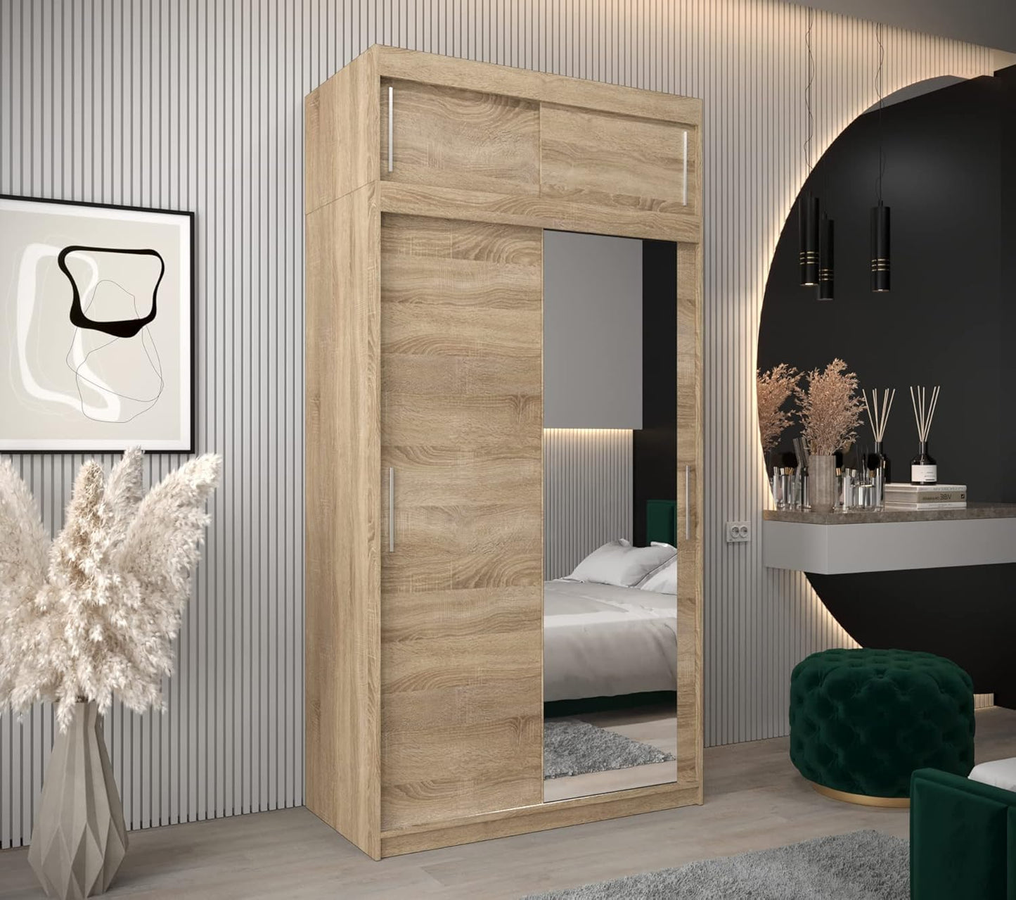 MEBLE KRYSPOL Kleiderschrank mit Spiegel Tokyo 2 - Garderobenschrank - Schrank Schlafzimmer - Mehrzweckschrank DREI Schiebetüren - Regalen - Flur Möbel - Kleiderstange Schrank - Allzweckschrank