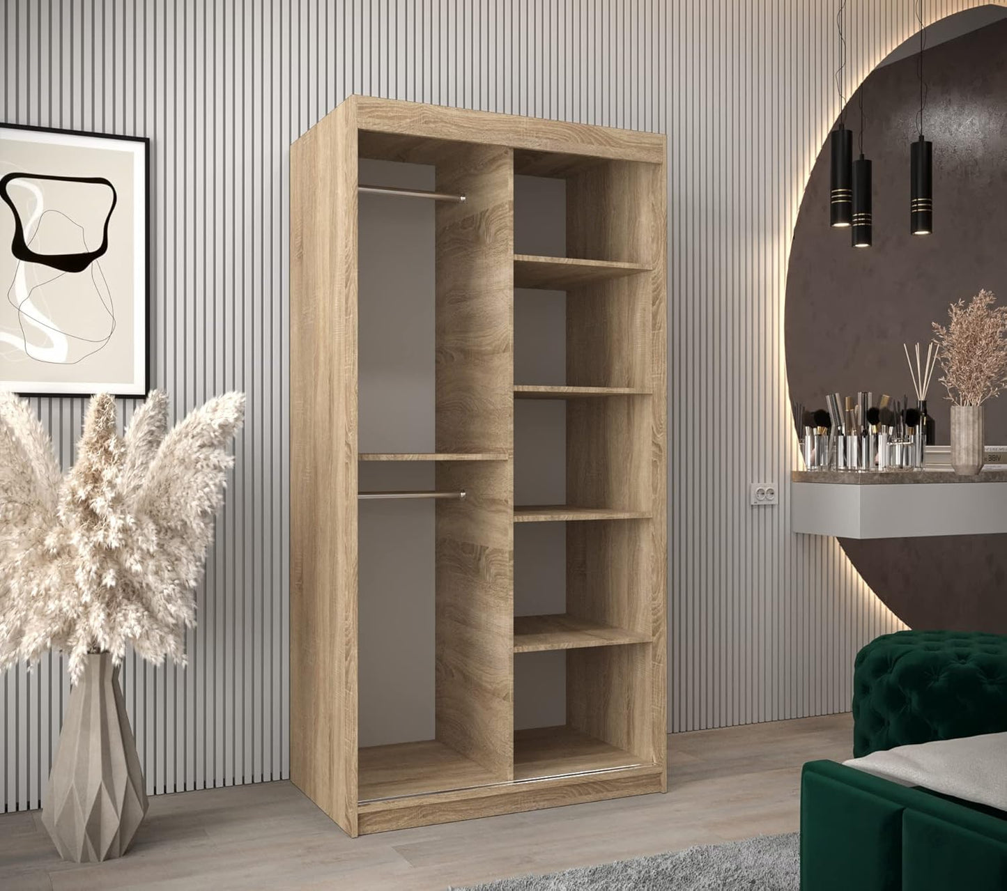 Kryspol Schwebetürenschrank York 250 cm Kleiderschrank mit Kleiderstange und Einlegeboden Schlafzimmer- Wohnzimmerschrank Schiebetüren Modern Design (Weiß)