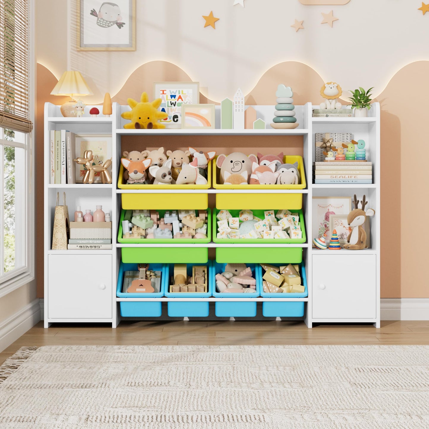 FOREHILL Kinderregal mit 8 Boxen Kinderschrank Holz Bücherregal für Kinder Aufbewahrungsbox Kinderzimmer Möbel mit Spielzeugkiste 138,8 x 94,3 x29,6 cm (rosa)
