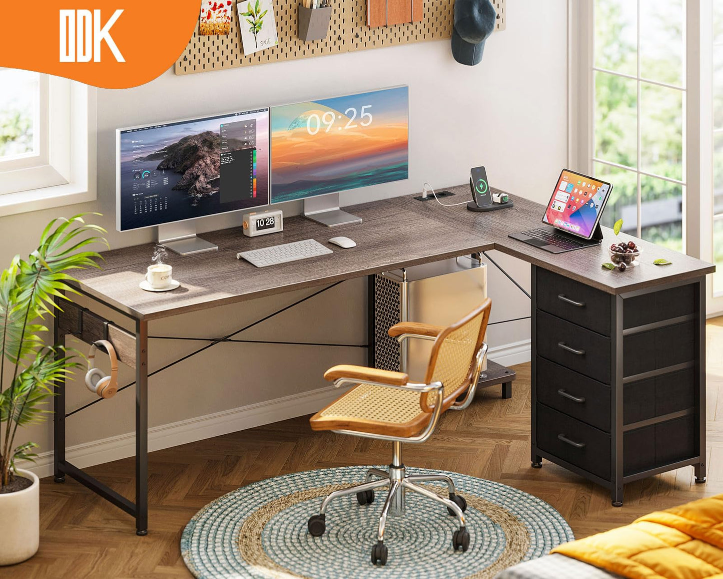 ODK Corner Desk with 4 Drawers, 135 x 100 cm, L Shape Desk with Socket and USB Charging Port, Reversible Desk with Storage Space for Home Office and Gaming, Black