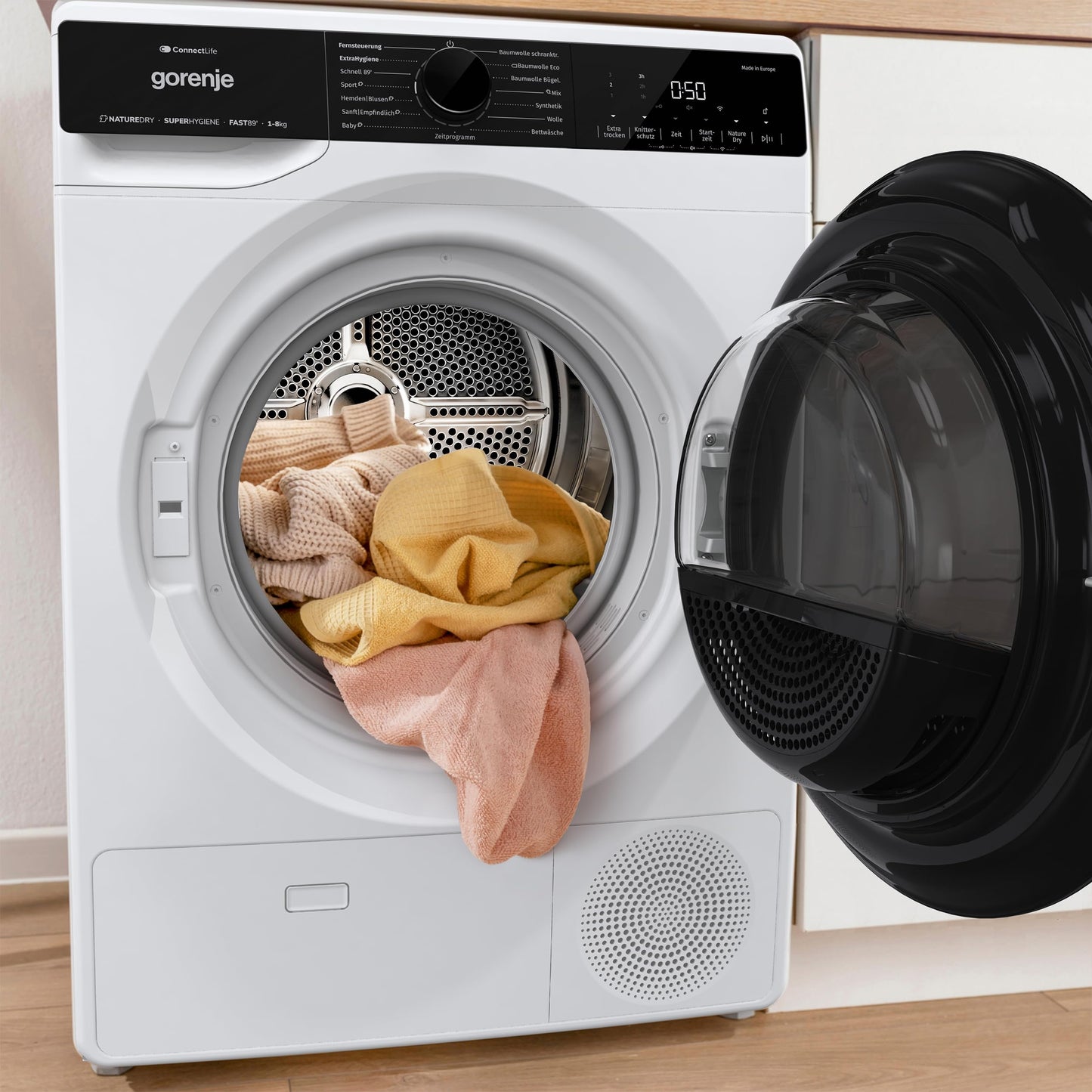 Gorenje DPNE82/GN Trockner/Kondensation mit Wärmepumpe / 8kg / 16 Programme/WIFI/Made in Europe/WaveActive Trommel/TwinAir/Feuchtesensor/Naturedry/LED Display/EEK: A++