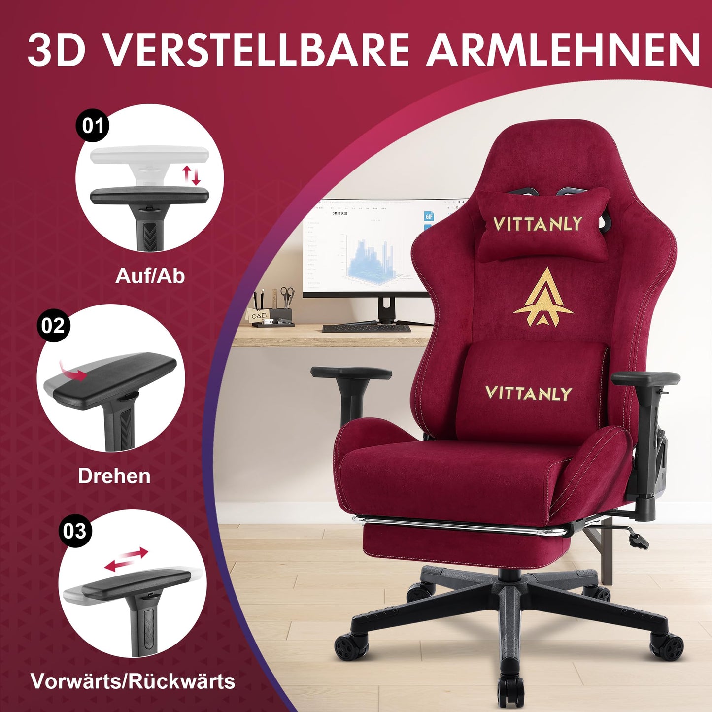Vittanly Gaming Stuhl, Luxuriöser Wildlederimitat Gaming Chair Bürostuhl, Ergonomischer Schreibtischstuhl mit Fußstütze Kopfstütze und Lendenkissen, 3D Armlehnen, 90-155° Rückenlehne, Weinrot