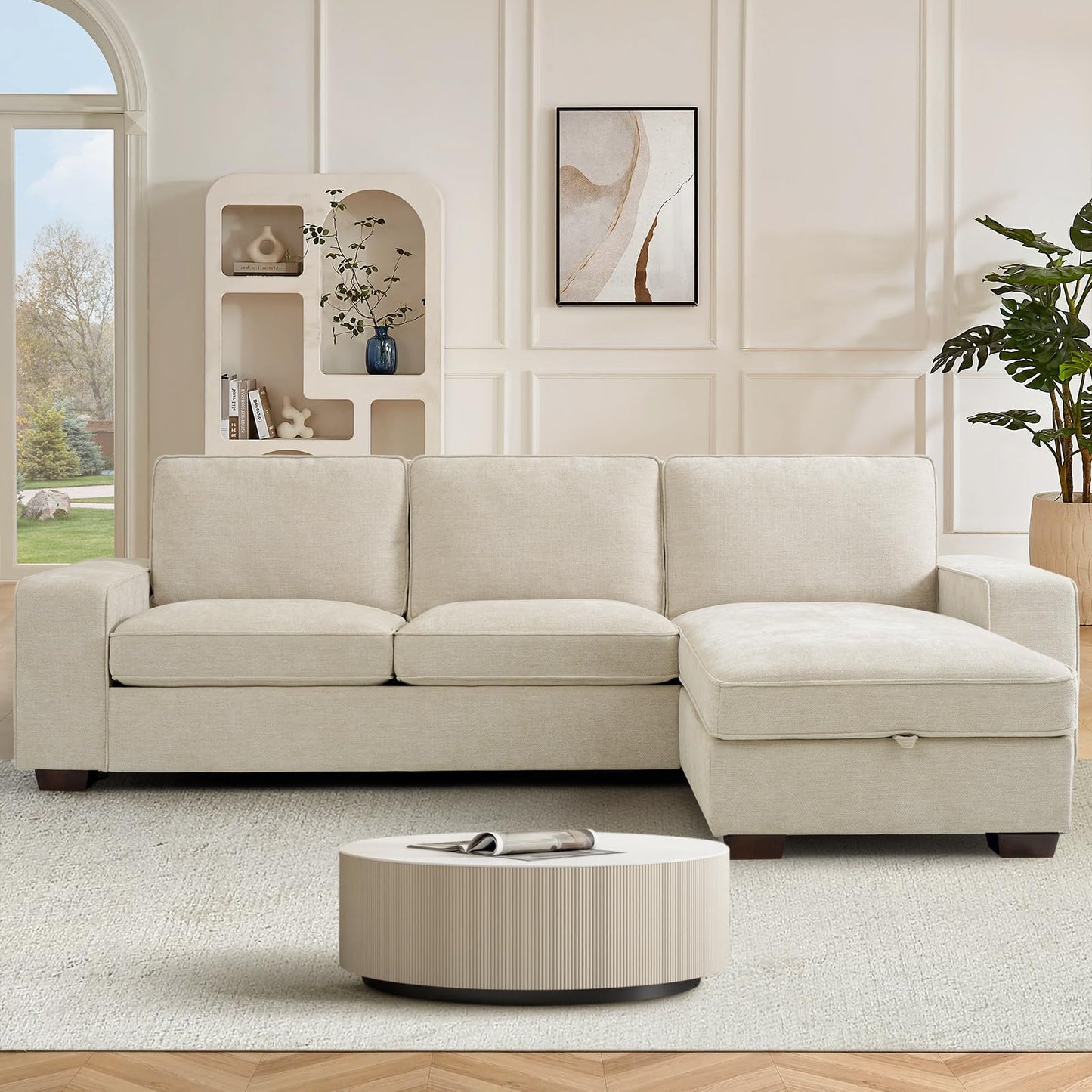 DUANDUAN 250CM Convertible Sektionssofa Couch mit Chaise Lagerung, Moderne L-förmige Reversible Design, Bequeme Chenille Stoff, abnehmbare Kissenbezüge USB Typ-C Ports Wohnzimmer(Beige)