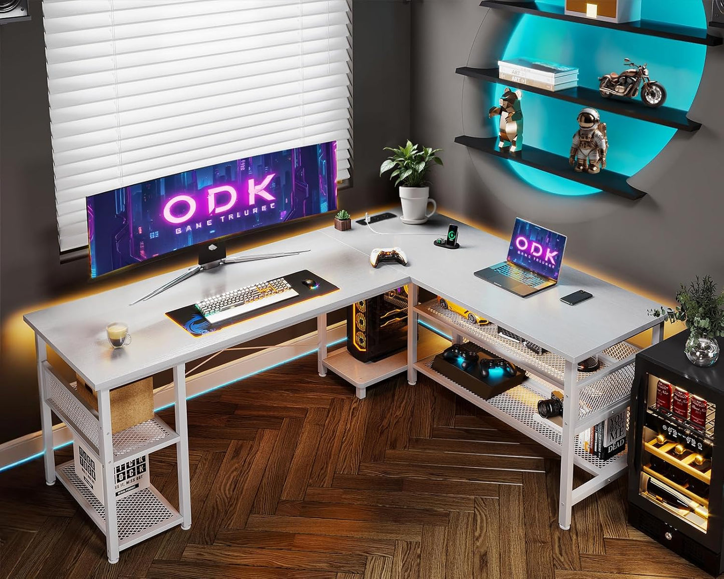 ODK Gaming Tisch, Reversibel Gaming Schreibtisch mit 2 Steckdosen und 2 USB Ladeanschluss, Eckschreibtisch für Office und Gaming, Weiß, 150×102cm
