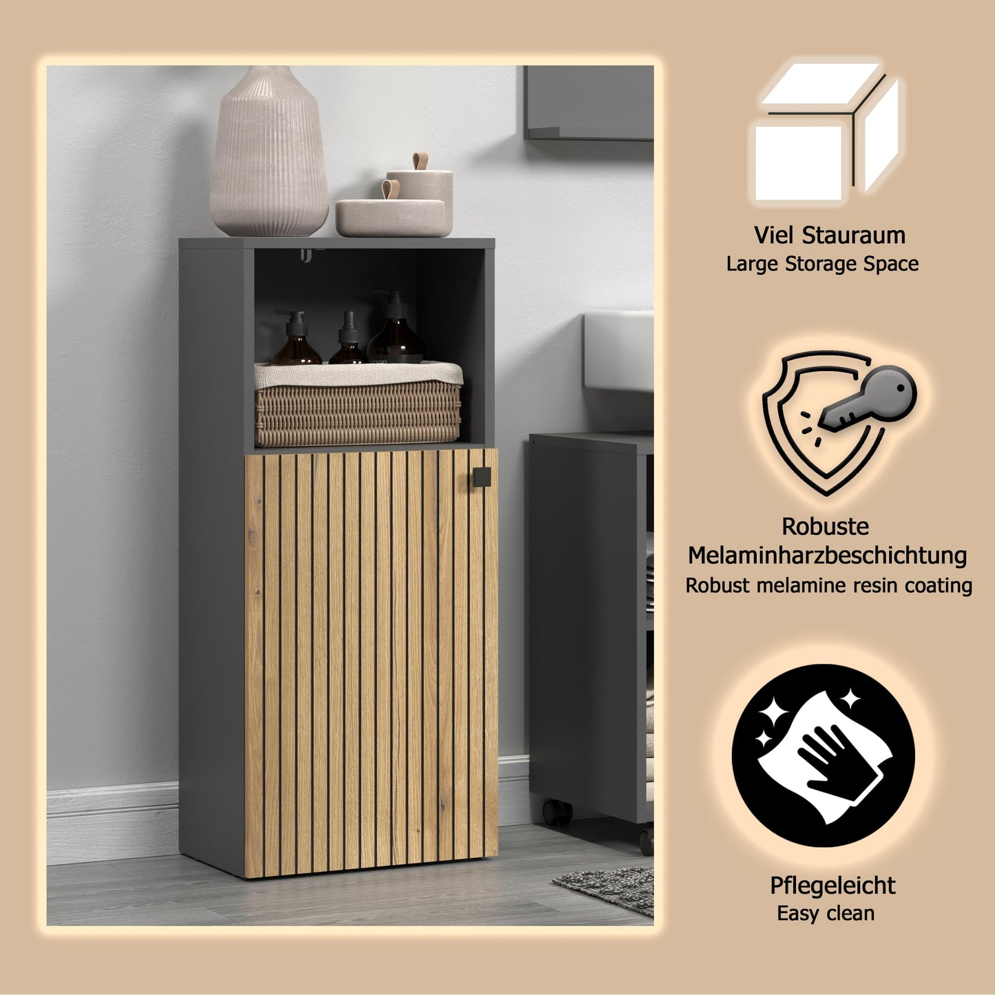 trendteam smart living - PureBliss - Hochschrank - Eiche - Badezimmerschrank in moderner Rillenoptik - edle Metallgriffe - (BxHxT) 40 x 186 x 31 cm - 2 praktische Einlegeböden - kratzfest