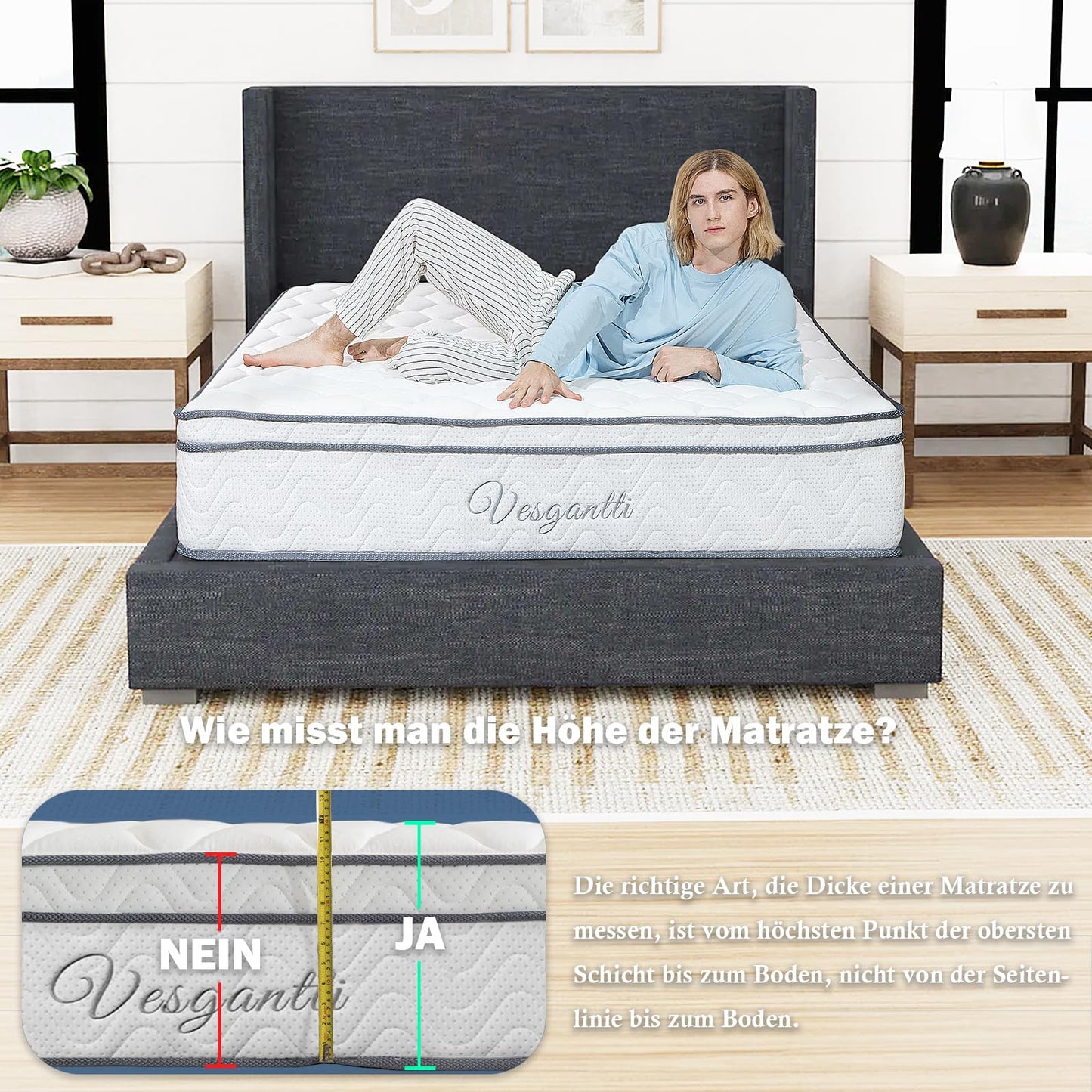 Vesgantti Matratze 180x200 höhe 22cm H3 7-Zonen Taschenfederkernmatratze Mittelfeste Orthopädischem Kaltschaummatratze Öko-Tex Zertifiziert Matratzen Klassik BoxTop