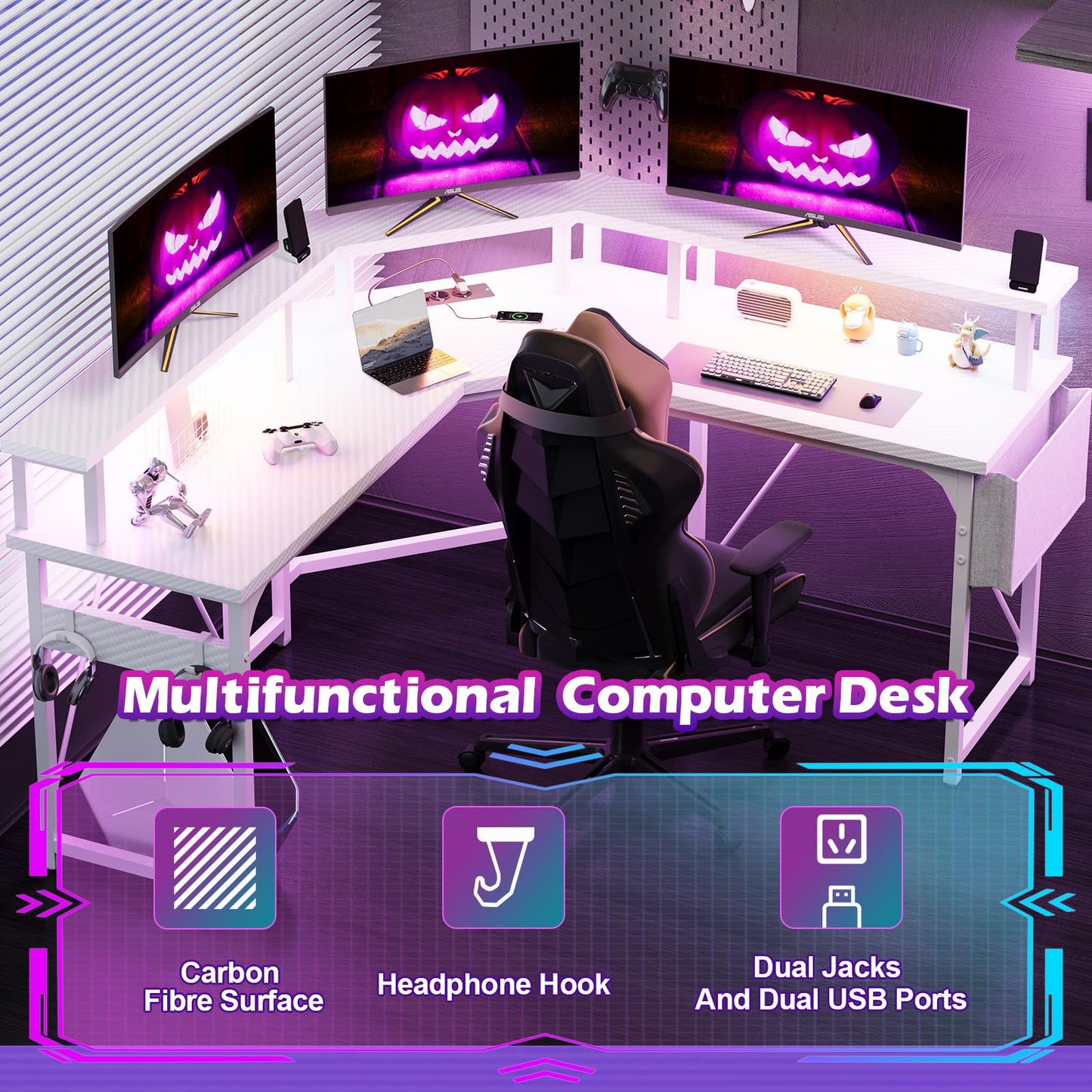 Devoko 153x153 cm Gaming Schreibtisch mit LED, groß Gaming Tisch L Form mit 2 Steckdosen und 2 USB Ladeanschluss, Eckschreibtisch PC Tisch mit großzügiger Monitorablage, Kohleschwarz