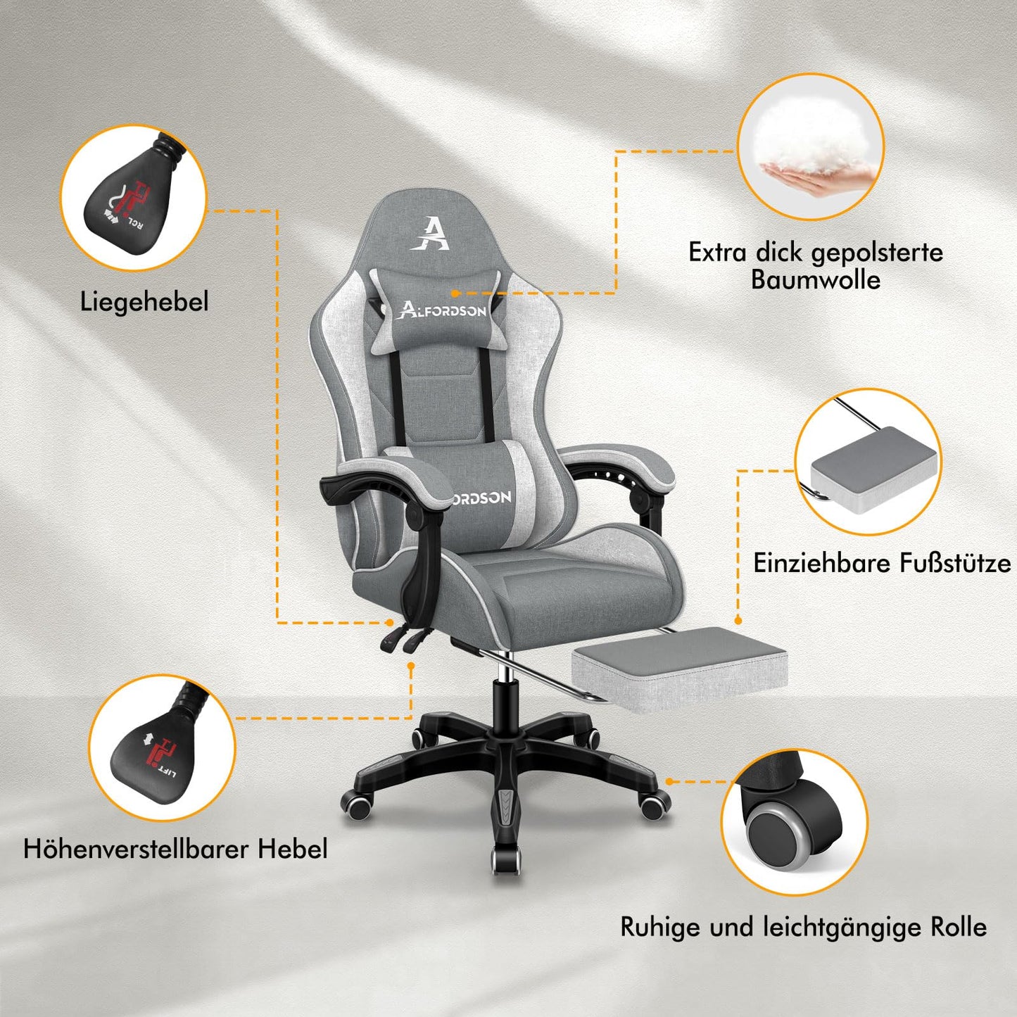 ALFORDSON Gaming-Stuhl mit Massage-Lendenwirbelkissen, ergonomischer Gamer-Racer-Stuhl mit Verstellbarer Rückenlehne, Drehstuhl mit Fußstütze, höhenverstellbar, Schwarz