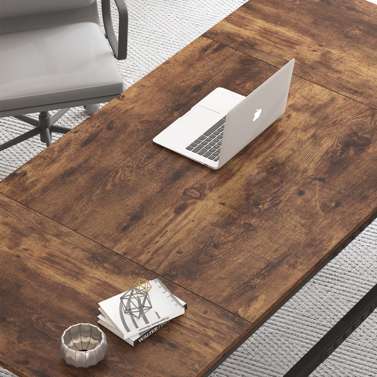 IBF Desk in Brown Colour with a Length of 70 Inches, Industrial Large Double Metal and Wood Desk for Computer, Long Office Table for Home
