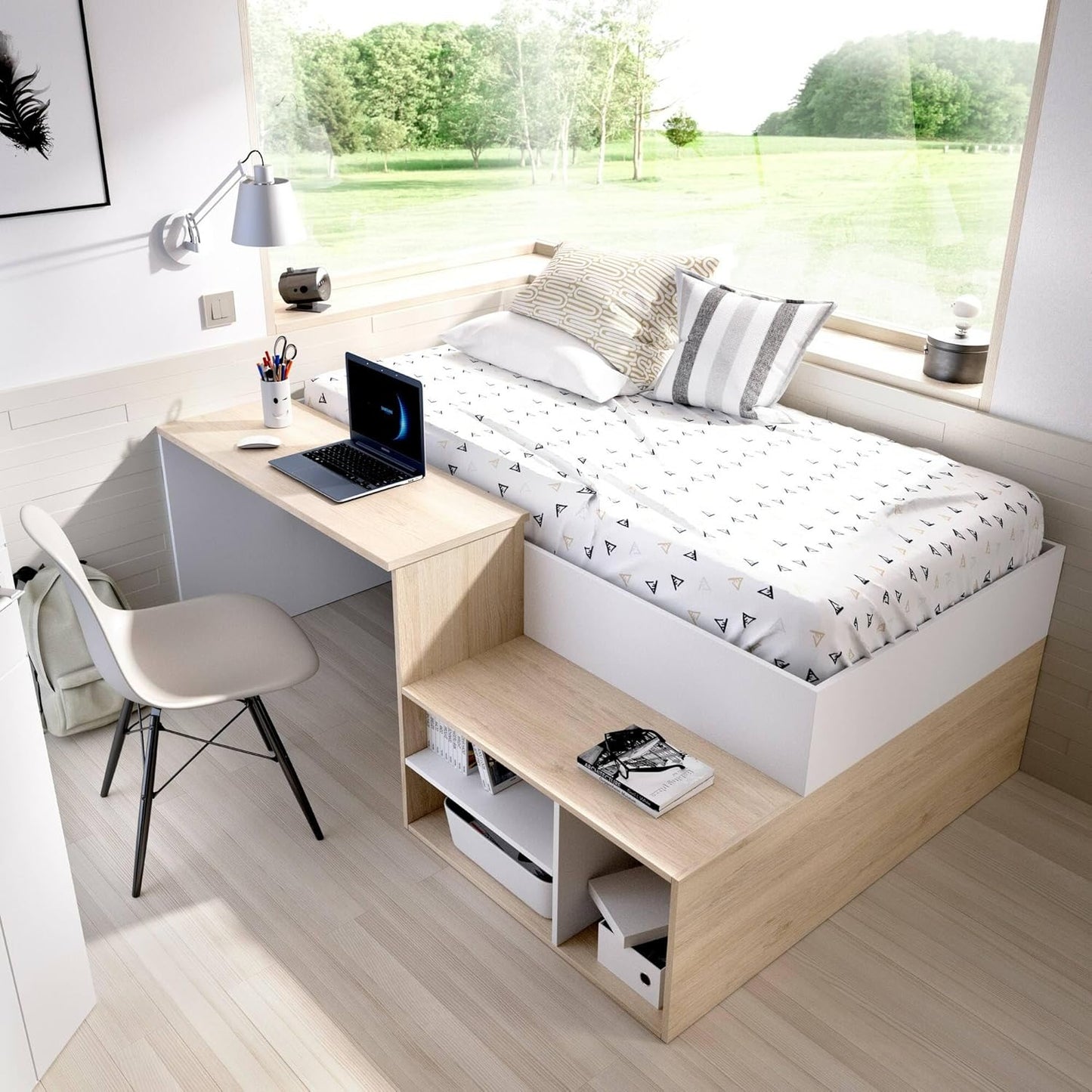 Dmora - Schlafzimmer Cervino, Einzelbett für Schlafzimmer, Set mit Schreibtisch und Regalen, 195 x 134 x 73 cm, Weiß und Eiche