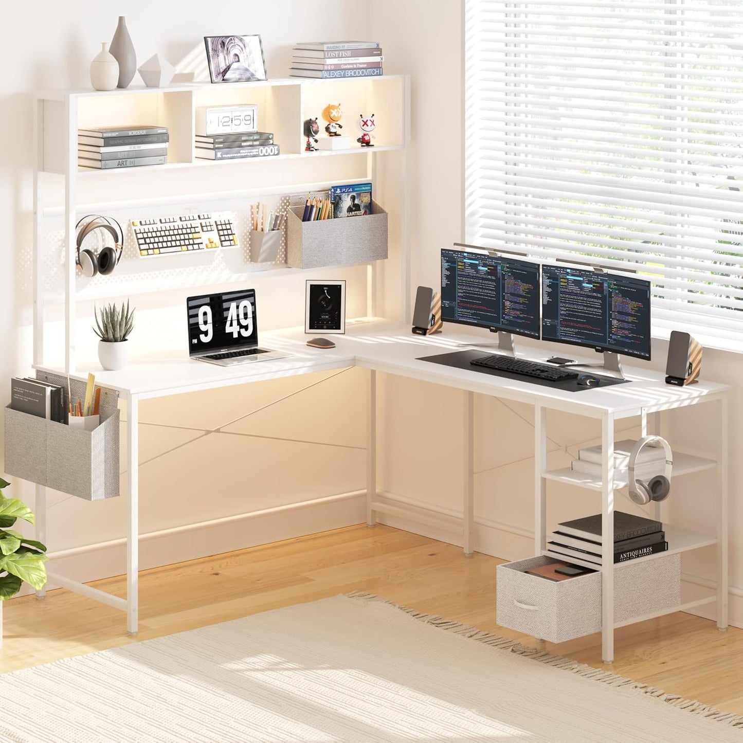 Dowinx LED Gaming Table, L-Shaped Desk with Pegboard and Storage Space, Reversible Computer Desk with Sockets and USB, Office Corner Desk for Home Game, Grey, 120 x 148 cm