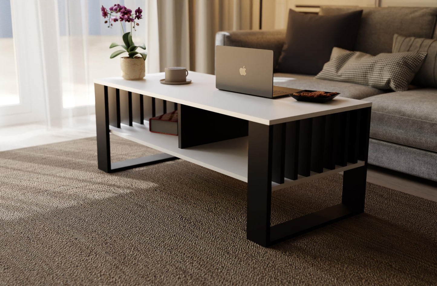 Meble Pitus Coffee Table White - Modern Living Room Table 90 x 50 x 50 cm with Storage Space & Slat Design