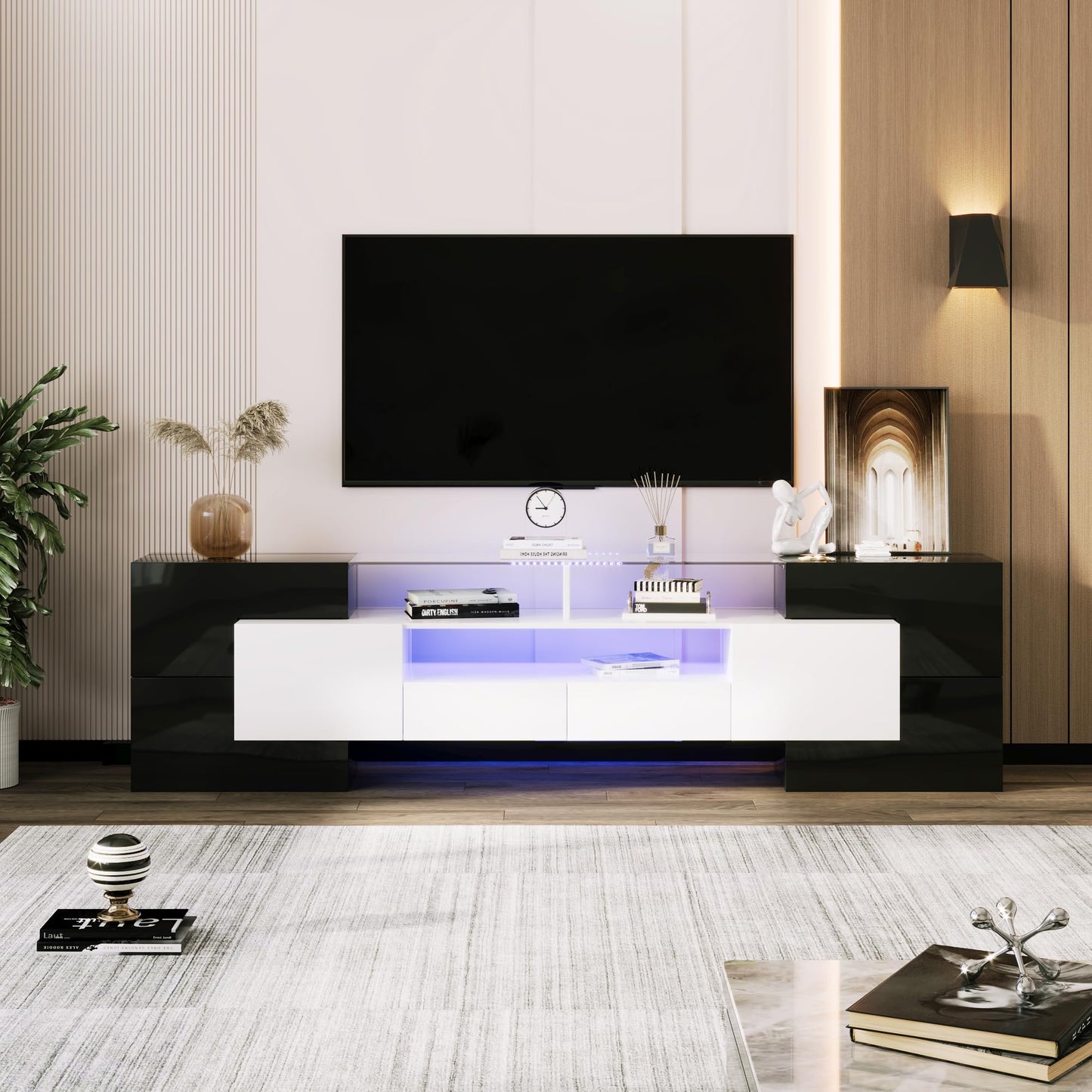 LANTRO JS TV Cabinet 200 cm Long with Elegant Glass Surface, TV Lowboard in Marble Look, TV Cabinet with LED Lighting, White and Black