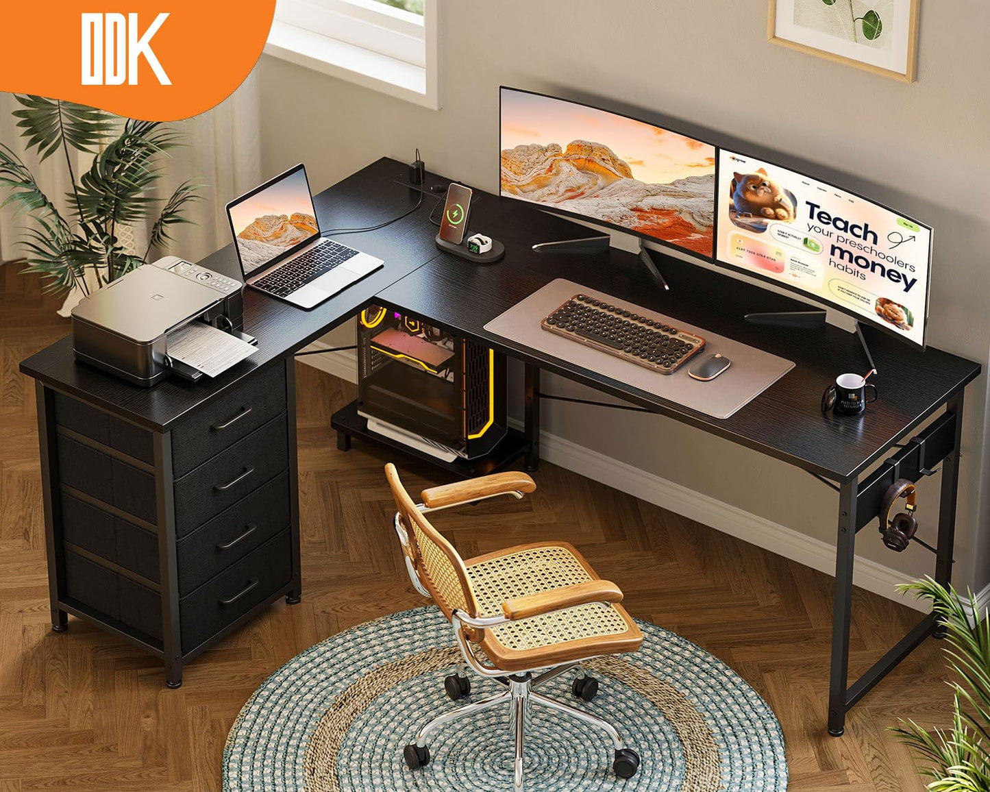 ODK Corner Desk with 4 Drawers, 135 x 100 cm, L Shape Desk with Socket and USB Charging Port, Reversible Desk with Storage Space for Home Office and Gaming, Black