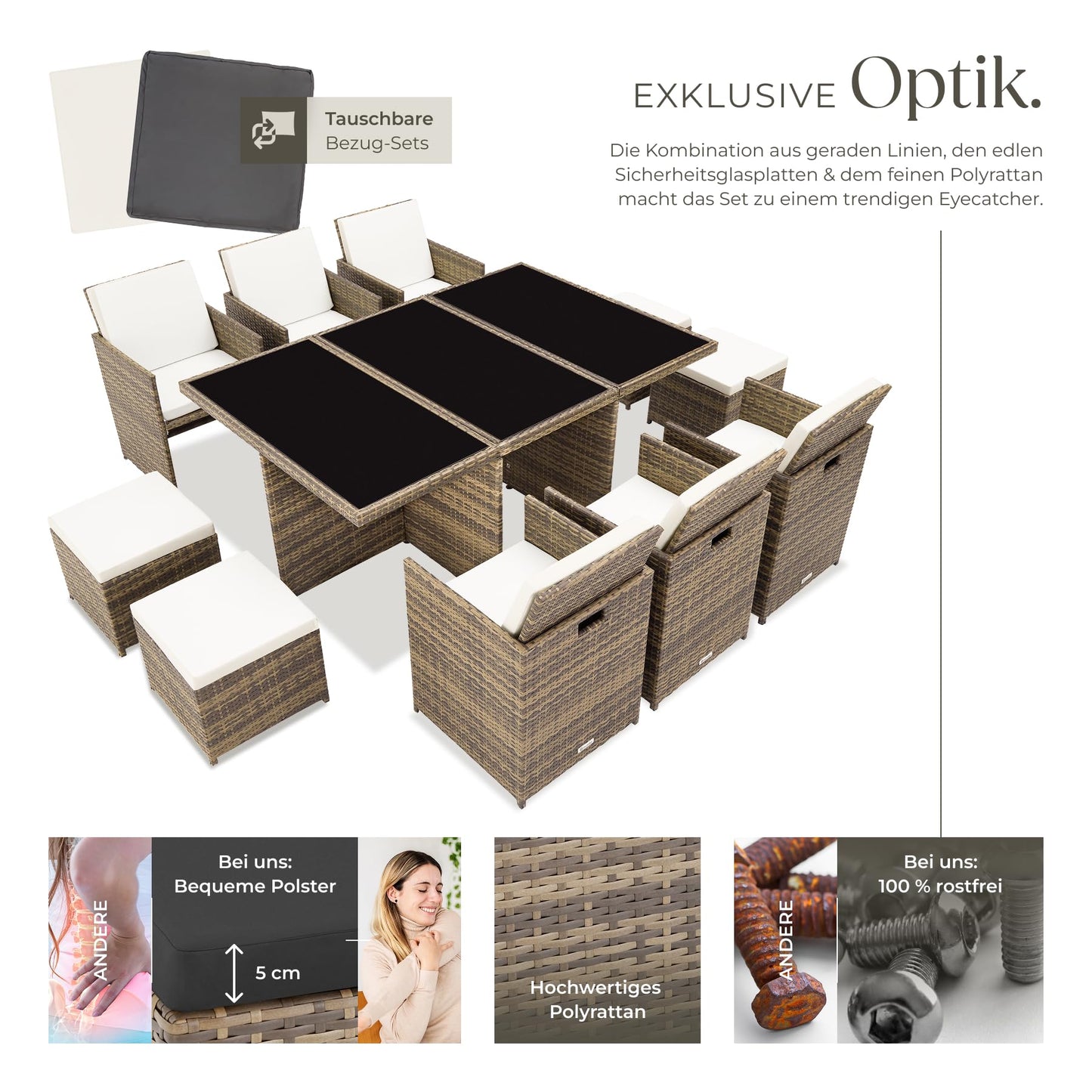 tectake Polyrattan Gartenmöbel Set, Sitzgruppe mit 6 Stühle +1 Glasplatte Tisch + 4 Hocker, Gartenlounge Set klappbar, für bis zu 10 Personen, Balkon Möbel, inkl. 2 Bezugsset - Natur