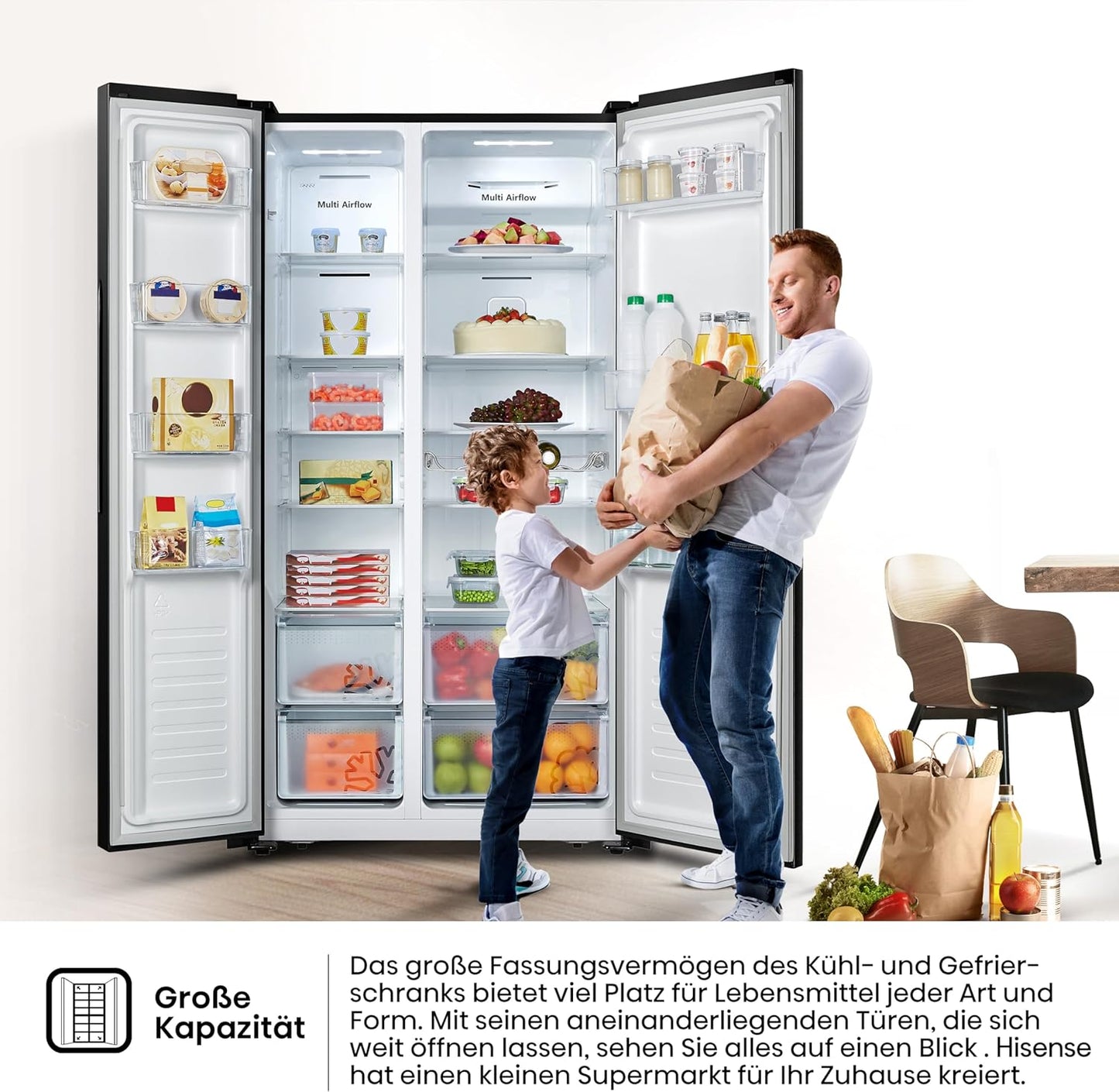Hisense RS677N4BFD Side by Side Kühl-Gefrierkombination/ Inverter-Kompressor/ Flaschenablage/ 2 FreshZone/Gemüsefach / Kühlteil 334 l/ Gefrierteil 185 l/ 41 dB/ 247 kWh/ Jahr, Schwarz