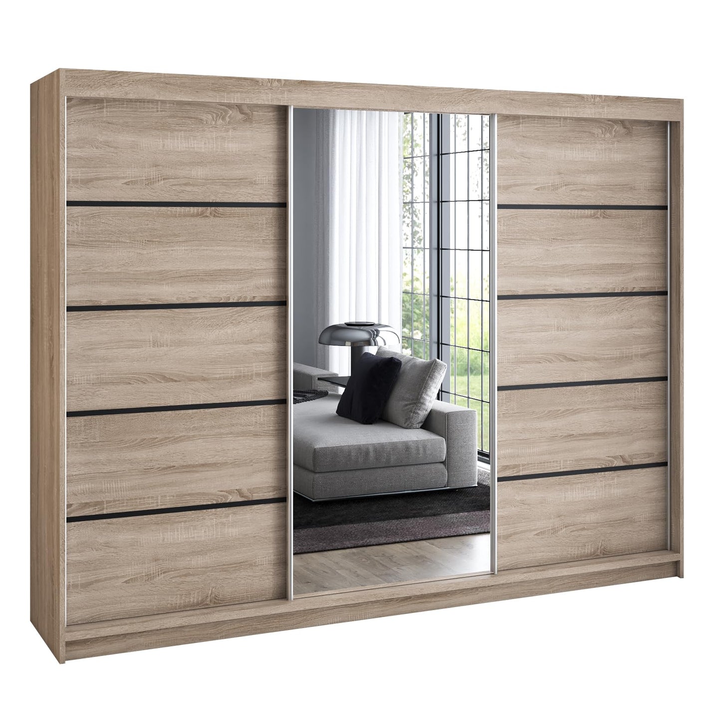 A&J MöbelLand Schwebetürenschrank VILANO 2, 3-türig Schrank 200 cm Kleiderschrank mit 4 Schubladen, und Spiegel (Weiß, Schwarz, Somona) (Schwarz/schwarz/schwarz)