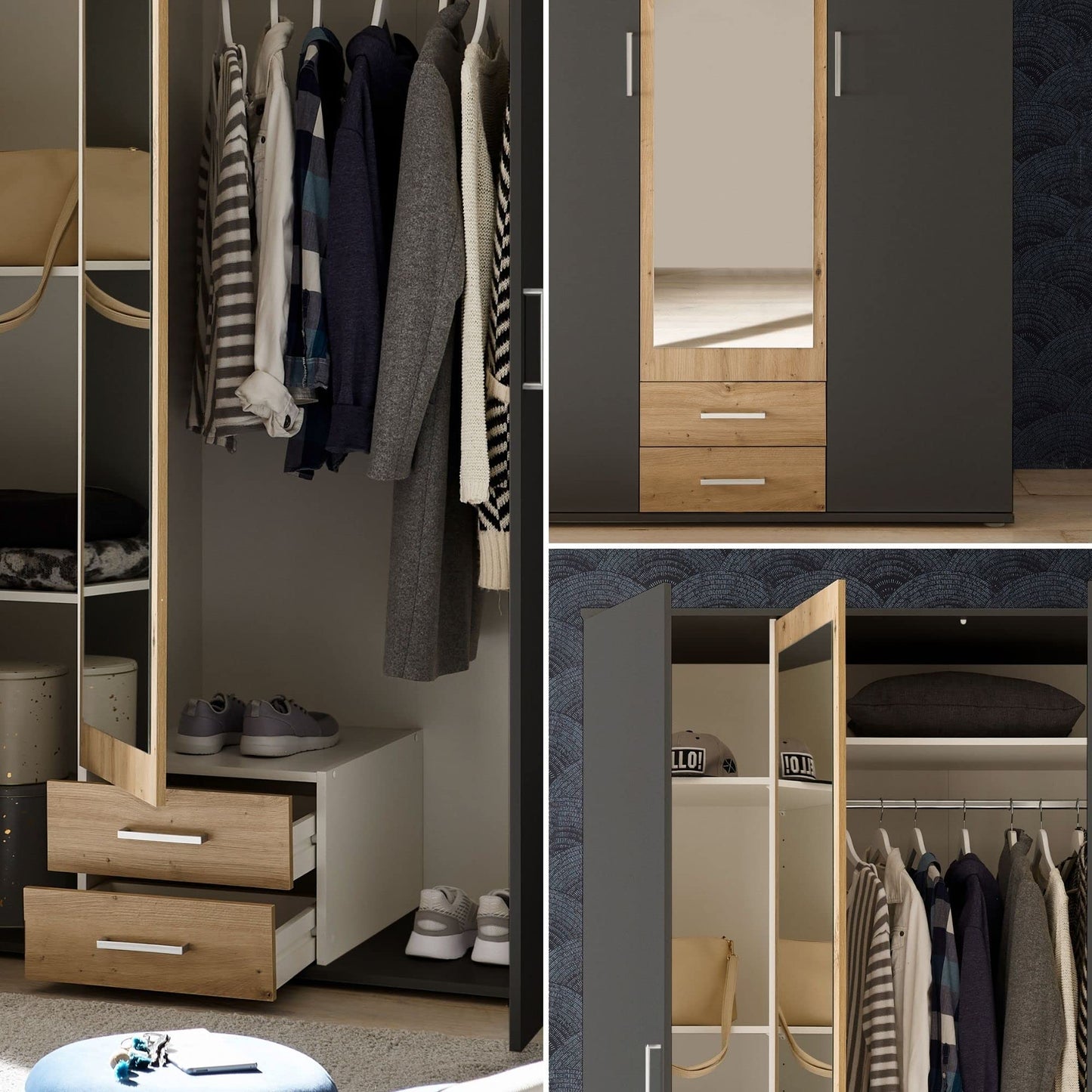 Stella Trading HANAU Wardrobe with Mirror Door in White, Graphite, Versatile Hinged Door Cupboard, 4 Doors for Your Bedroom, 160 x 196 x 54 cm (W x H x D)