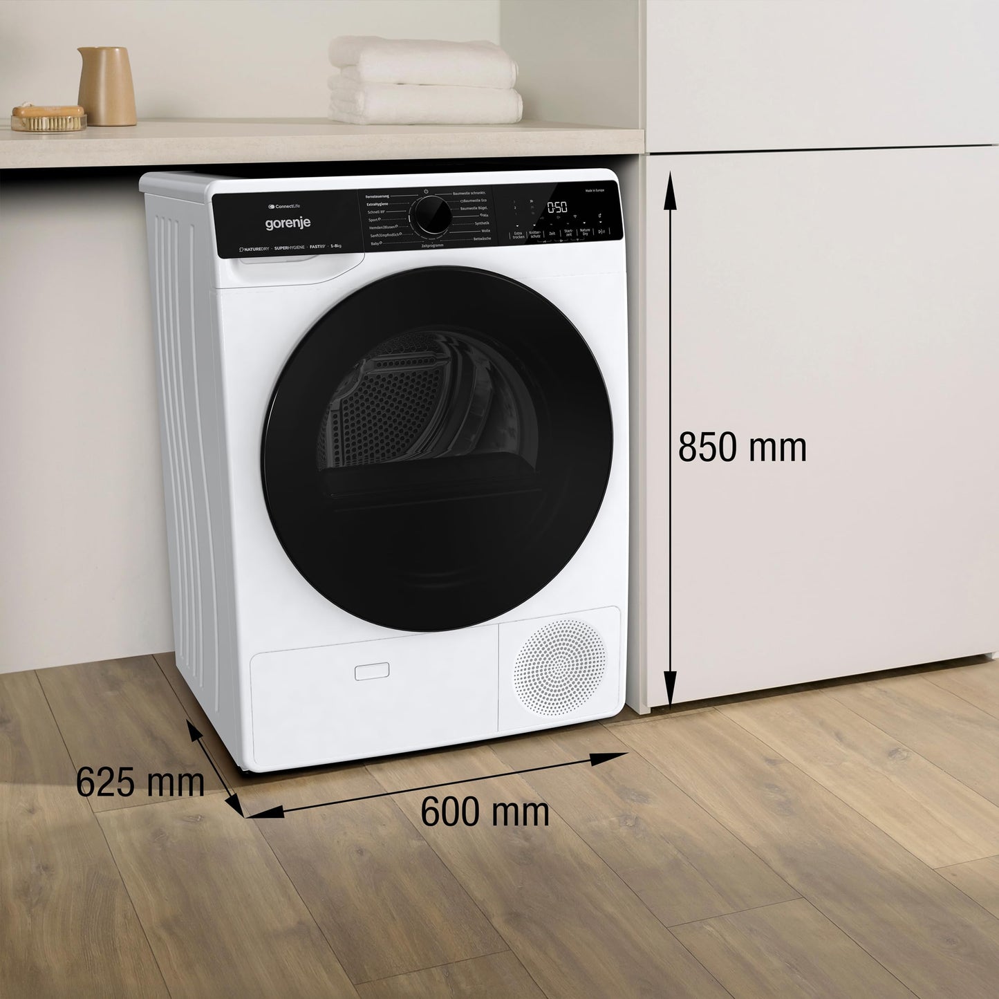 Gorenje DPNE82/GN Trockner/Kondensation mit Wärmepumpe / 8kg / 16 Programme/WIFI/Made in Europe/WaveActive Trommel/TwinAir/Feuchtesensor/Naturedry/LED Display/EEK: A++