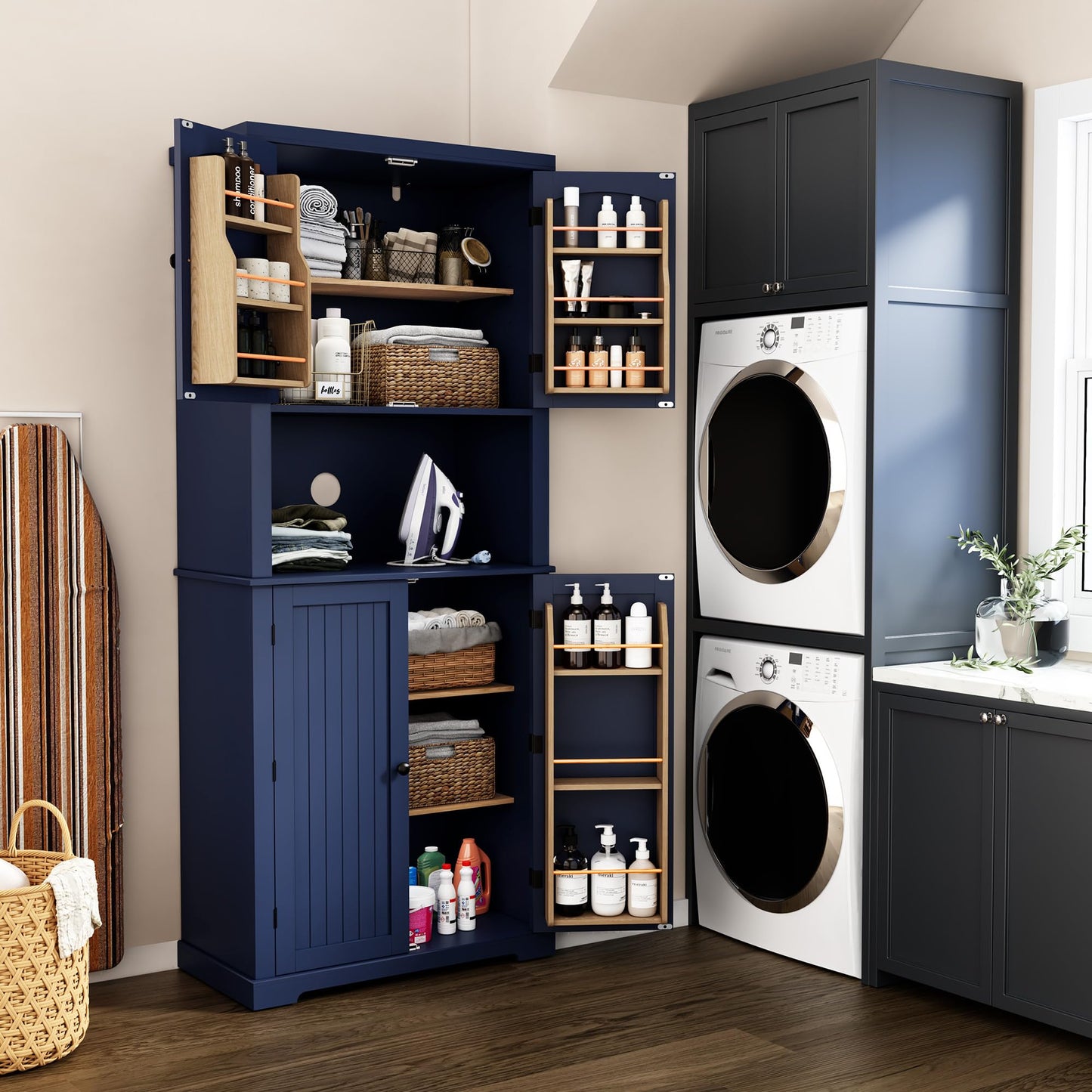 HOLTICO Küchenschrank mit Arbeitsplatte, Hochschrank Küchenbuffet Buffetschrank, Esszimmerschrank, Speisekammer mit Türen und Regalen für Esszimmer, Wohnzimmer, Waschküche,Schwarz