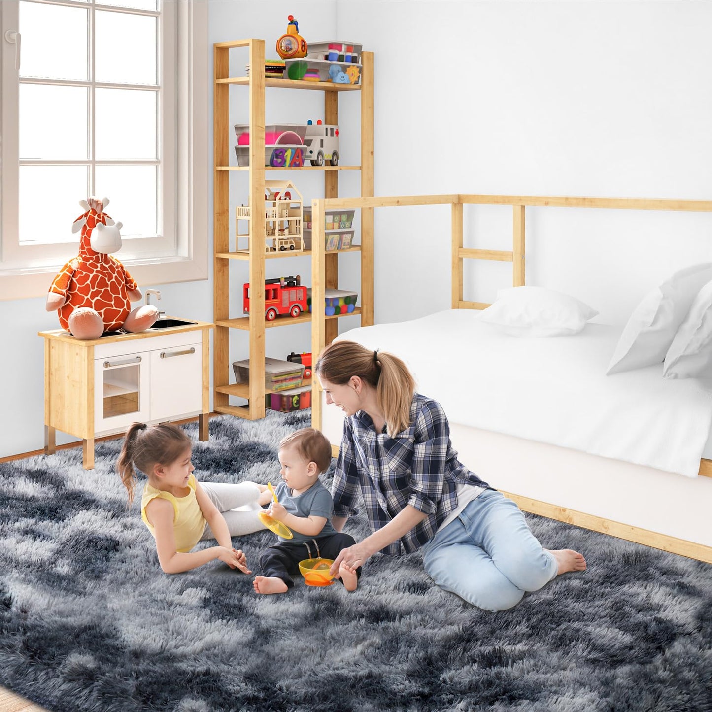 JOJOSEE Hochflor Teppich Wohnzimmer, 200 x 300 cm Anti-Rutsch Wohnzimmerteppich, Waschbarer Flauschiger Teppich für Schlafzimmer & Kinderzimmer, Hellgrau