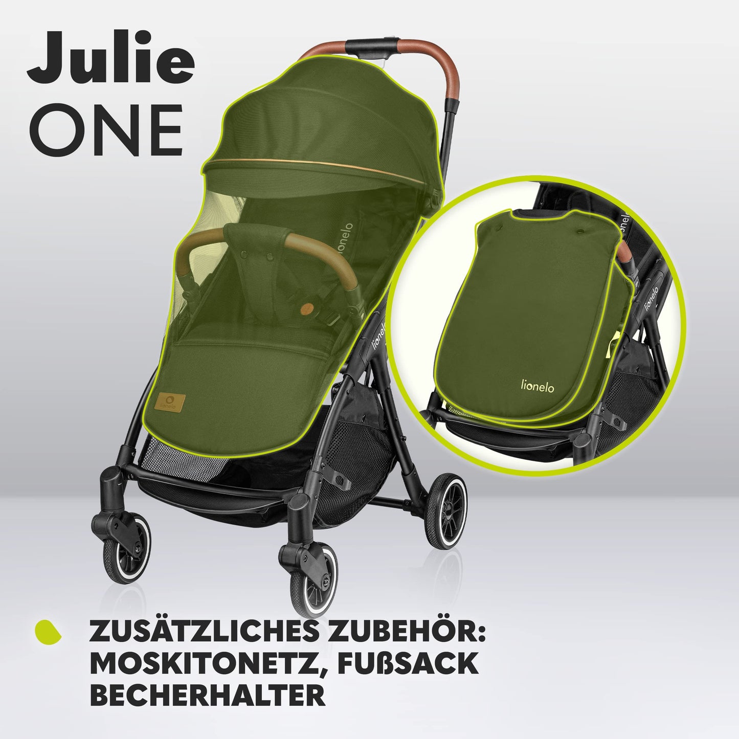 LIONELO Julie One Buggy Pushchair up to 22 kg, Adjustable Backrest and Footrest, Mosquito Net, Leg Warmer, Drink Holder and Transport Bag, Foldable, Tropical Green