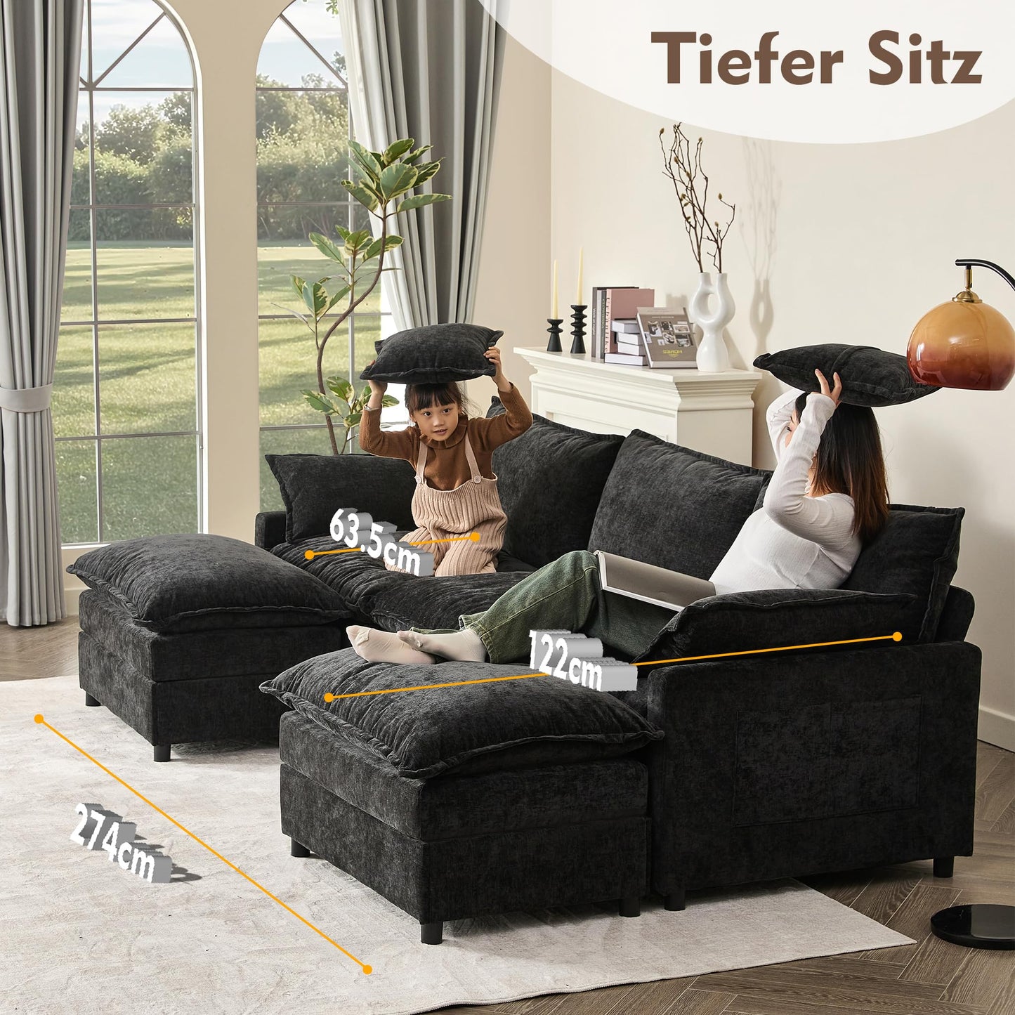 Litbird U-förmiges modulares Sofa 3-Sitzer Ecksofa mit Hocker, tiefes Sitzdesign, Cloud Couch für Wohnzimmer(Hellbraun)