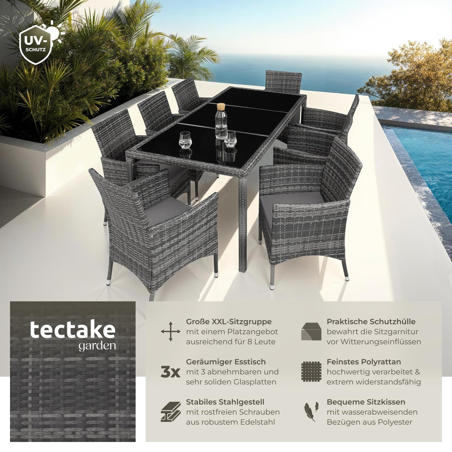 tectake® edles Outdoor Gartenmöbel Set Rattan Sitzgruppe mit Sessel und Tisch für 8 Personen, inkl. Schutzhülle und Polstern, Balkon Möbel wetterfest - Natur/dunkelgrau