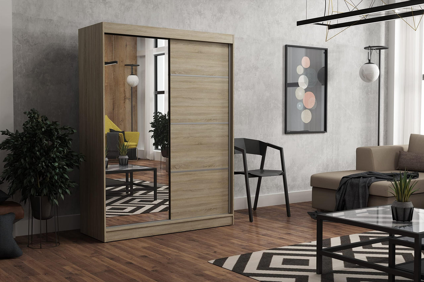 Brent - Tom Wardrobe with Mirror, 160 cm Wide, Bedroom Wardrobe with 1 Clothes Rail and Shelves for Clothes, Wardrobe Grey