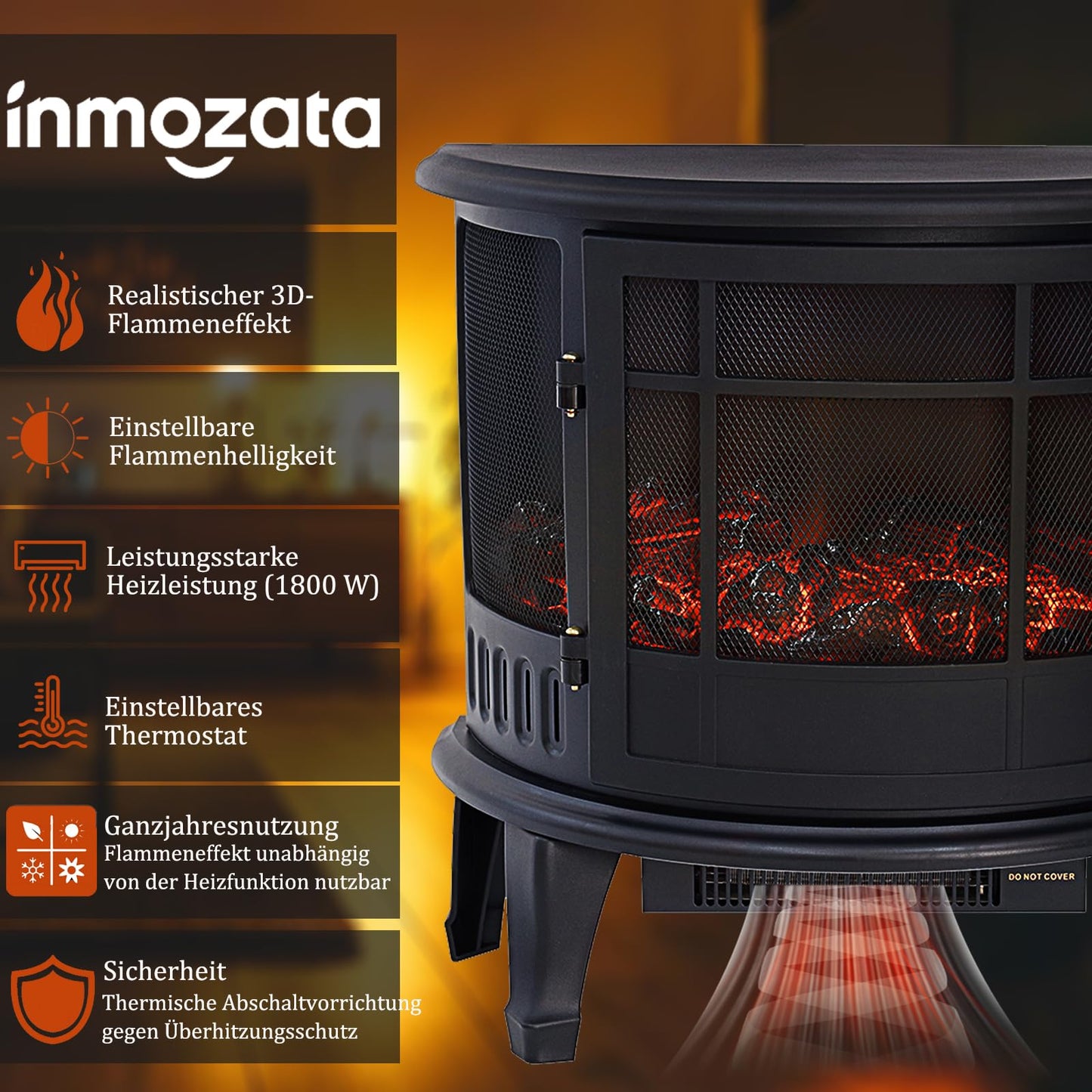 INMOZATA Elektrokamin mit Heizung 1800W LED Kaminfeuer mit Flammeneffekt, LED Kamin Elektrisch Kaminofen mit Einstellbarer Thermostat Panorama-Sichtfenster Heizfunktion